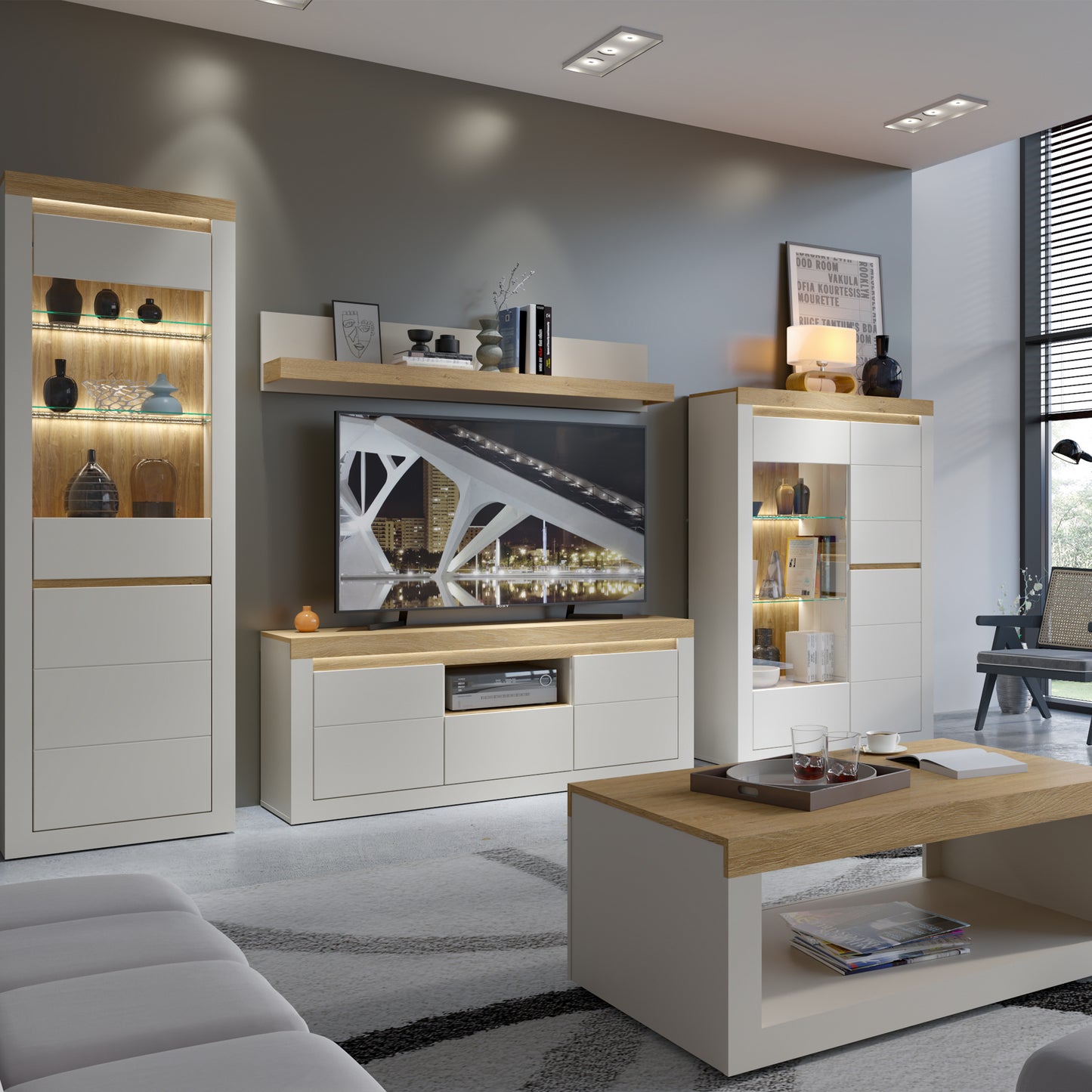 Naxxar Wall Shelf 154 cm in Cashmere and Stone Oak