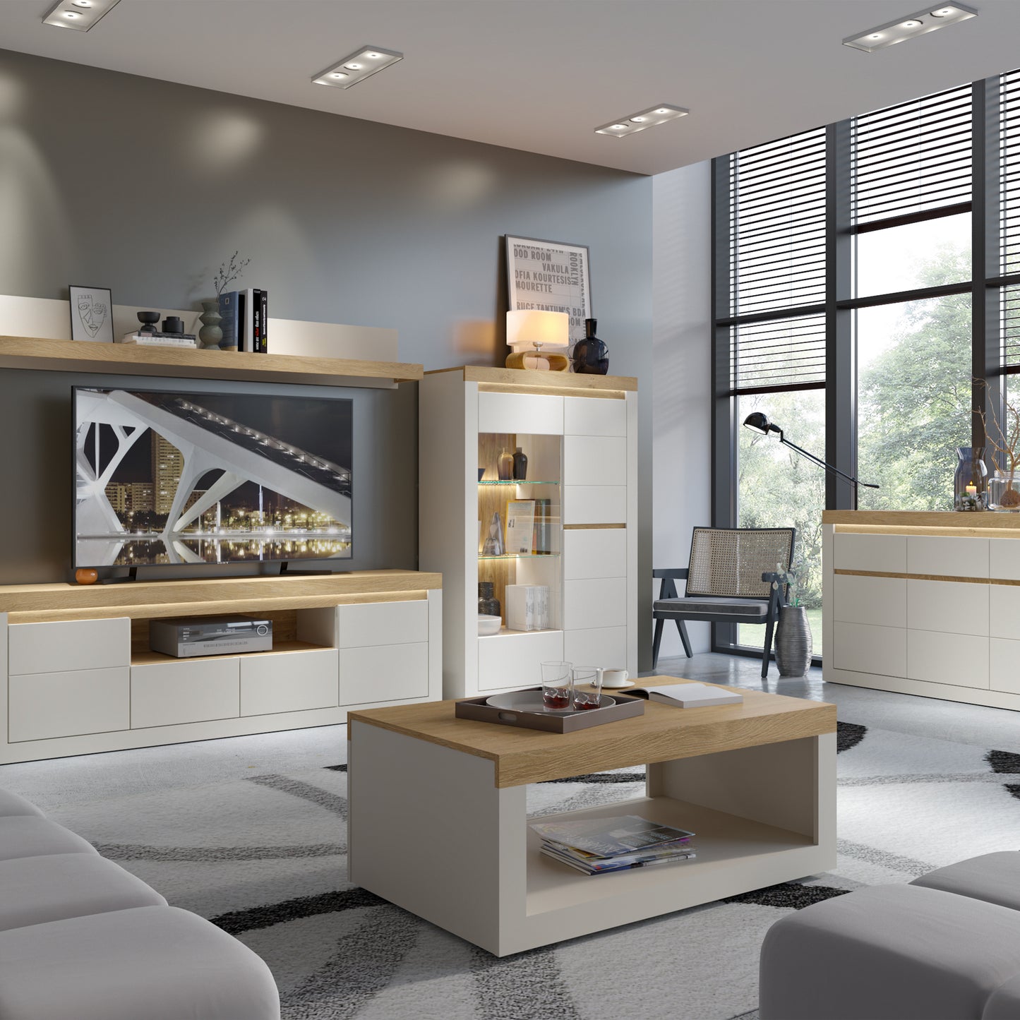 Naxxar Coffee Table in Cashmere and Stone Oak