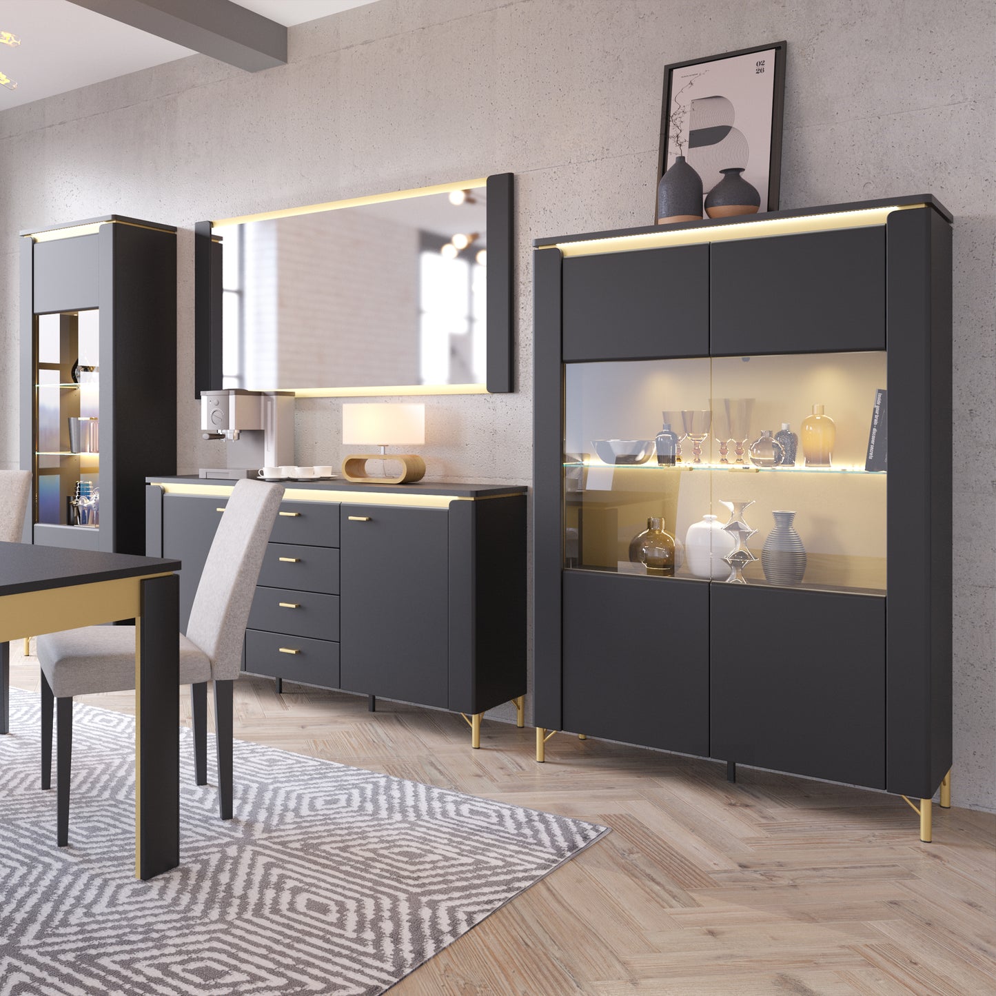 Genoa Vitrin 2 Door in Black Matt/Gold