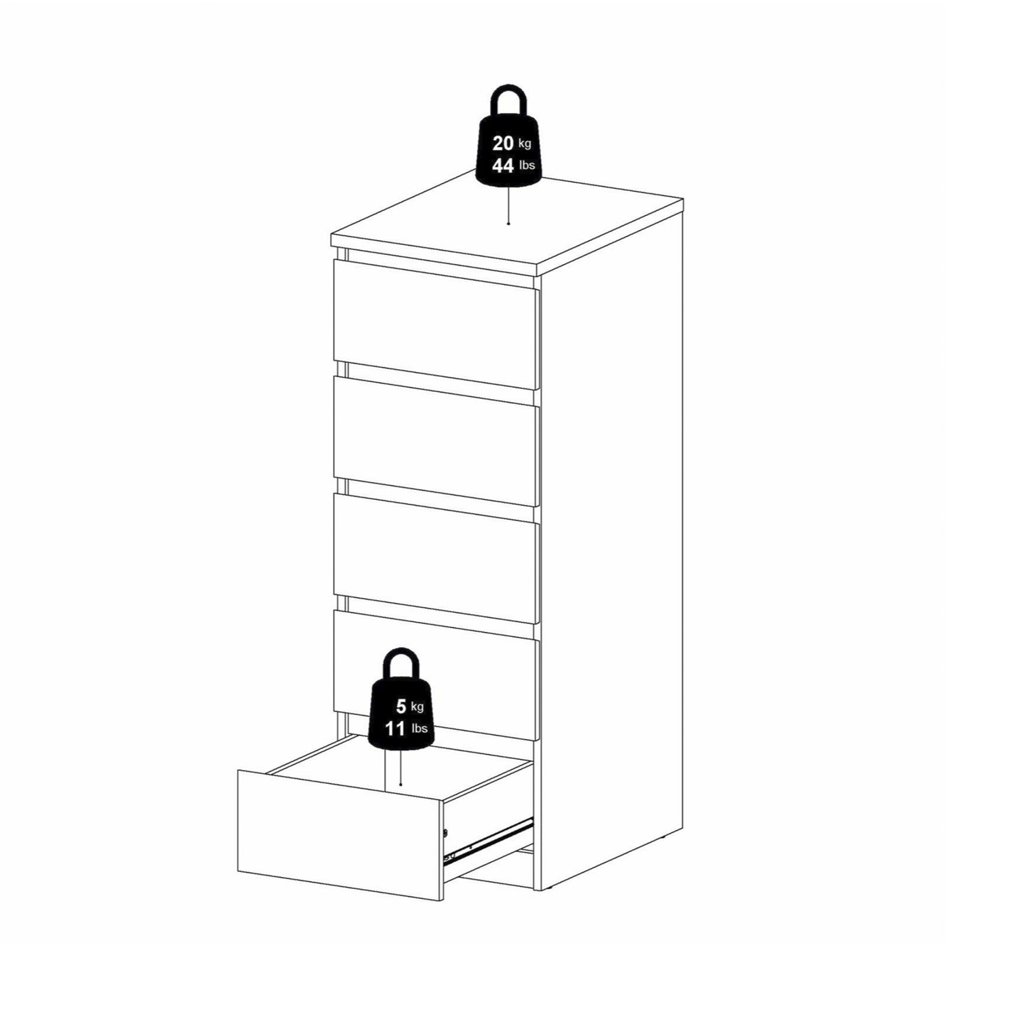 Naia Narrow Chest of 5 Drawers in White