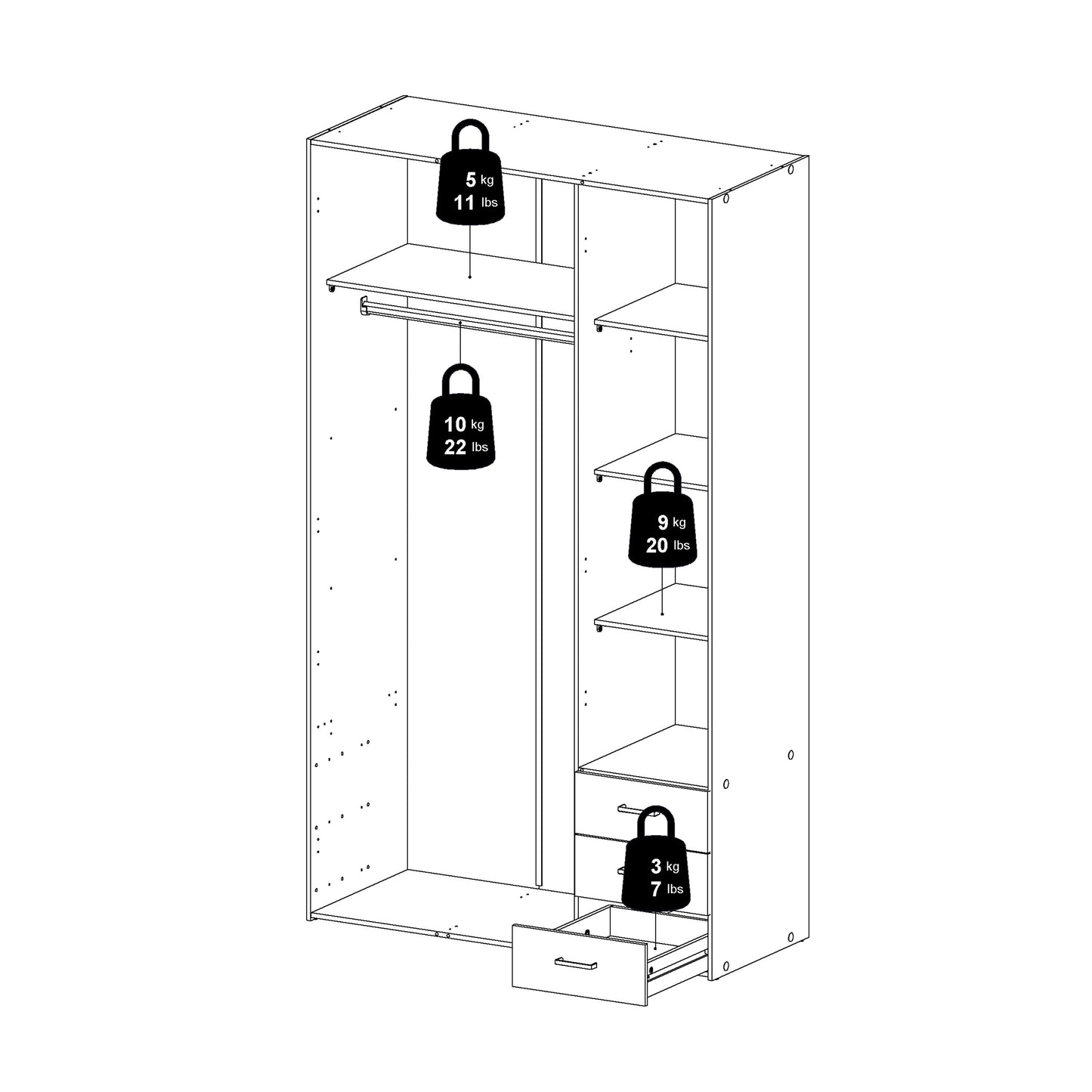 Space Wardrobe 3 Doors 3 Drawers in White 2000