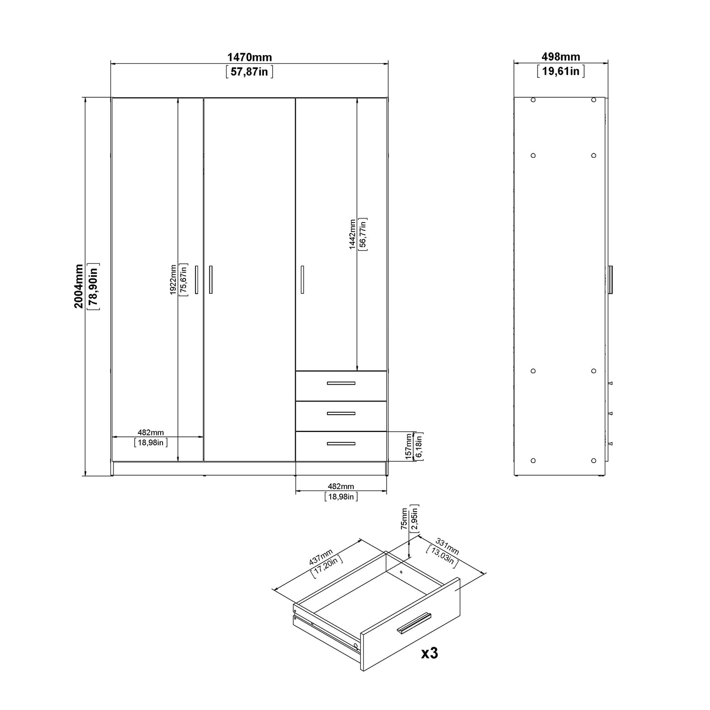 Sprint Wardrobe with 3 Doors + 3 Drawers in Cashmere