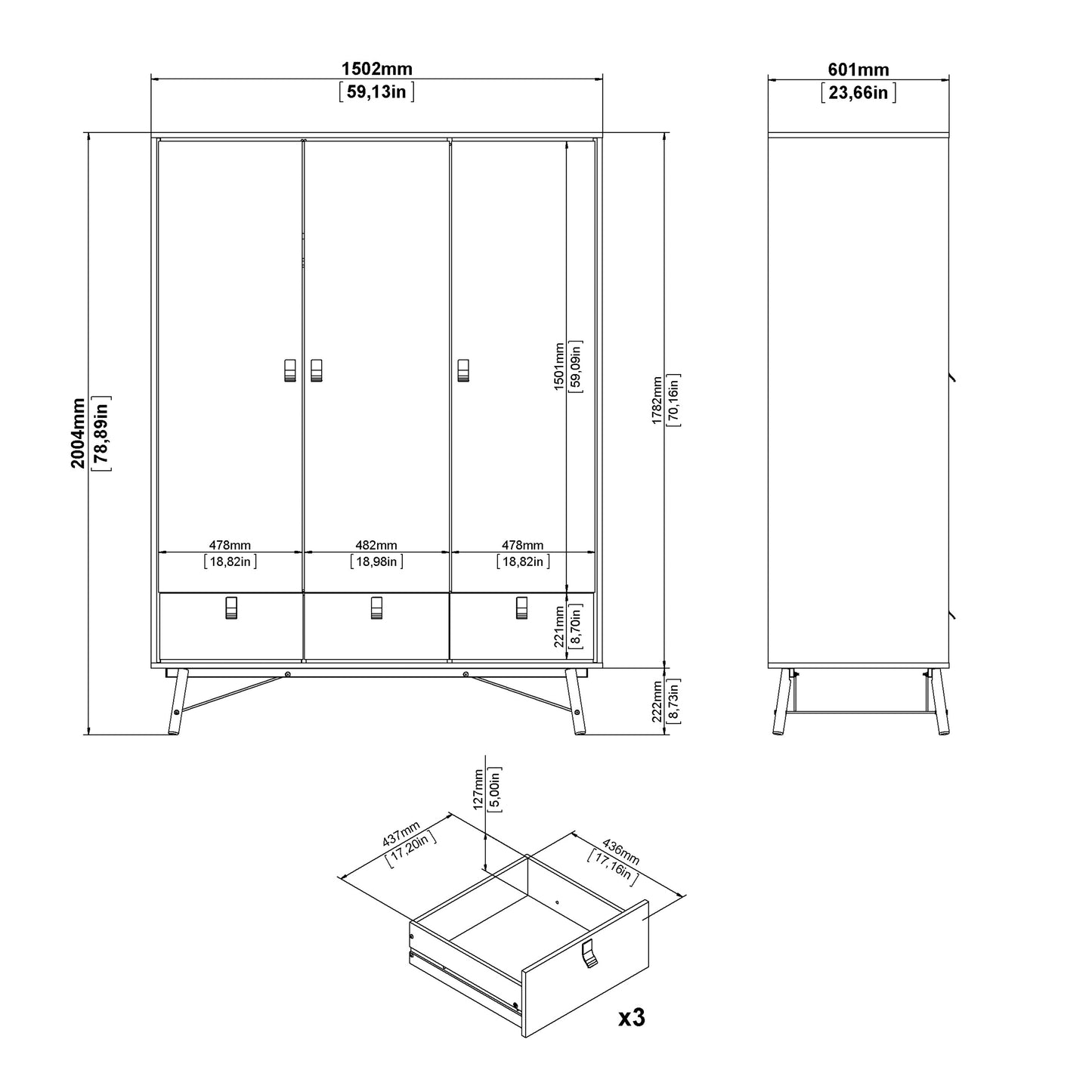 Ry Package - Wardrobe 3 Doors + 3 Drawers + Double chest 6 Drawers + Bedside Cabinet 2 Drawers in Matt Black Walnut