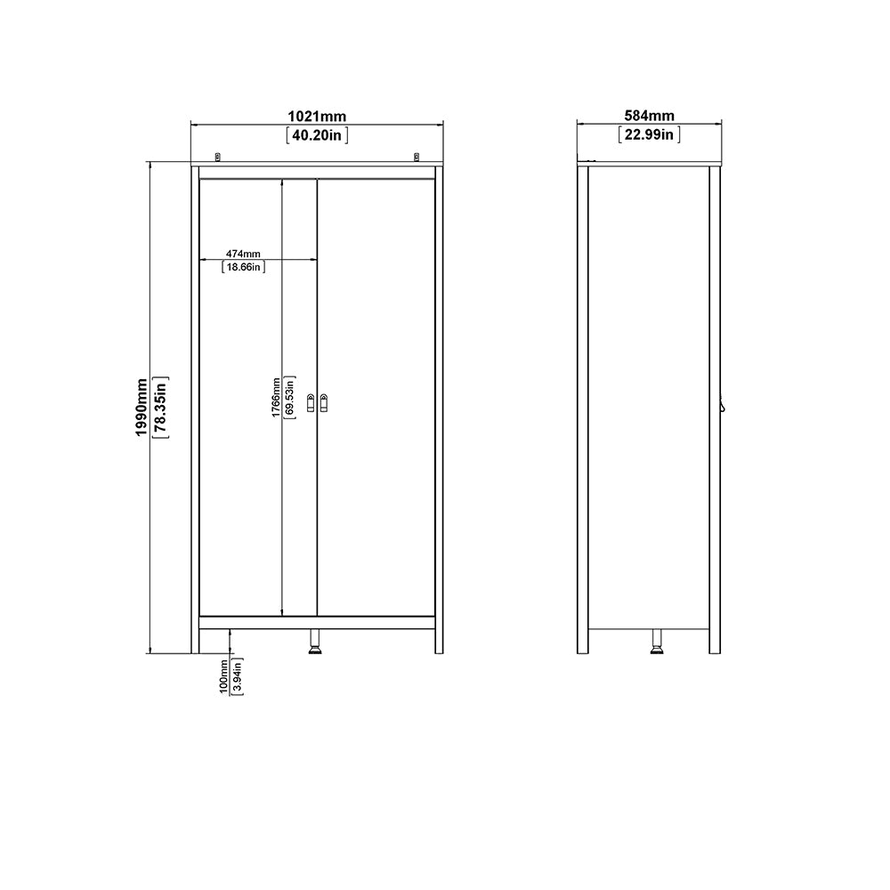 Barcelona Package - Bedside Table 2 Drawers + Chest 5 Drawers + Wardrobe with 2 Doors in White