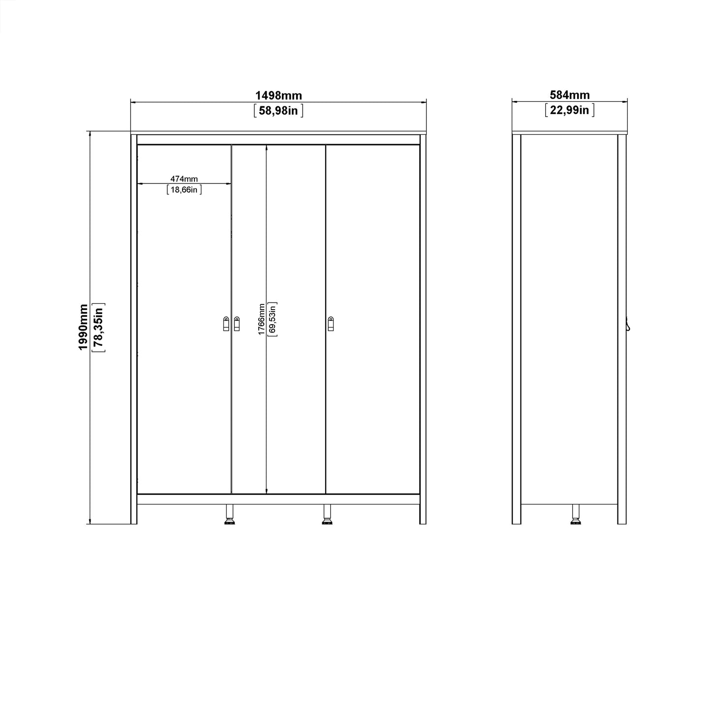 Madrid Package - Bedside Table 2 Drawers + Chest 5 Drawers + Wardrobe with 3 Doors in White