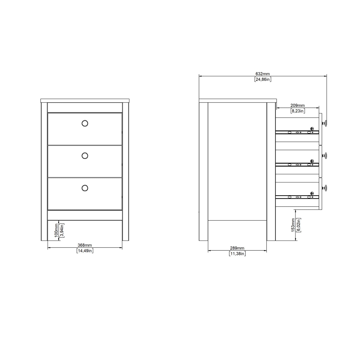 Madrid Bedside Table 3 Drawers in White