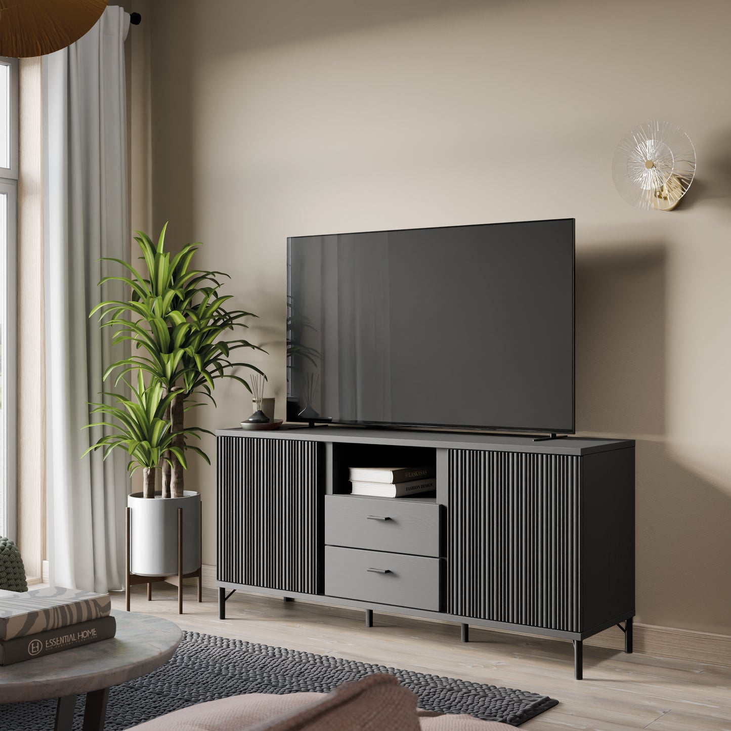 Lusaka TV Cabinet 2 Door 2 Drawer in Black Graphite