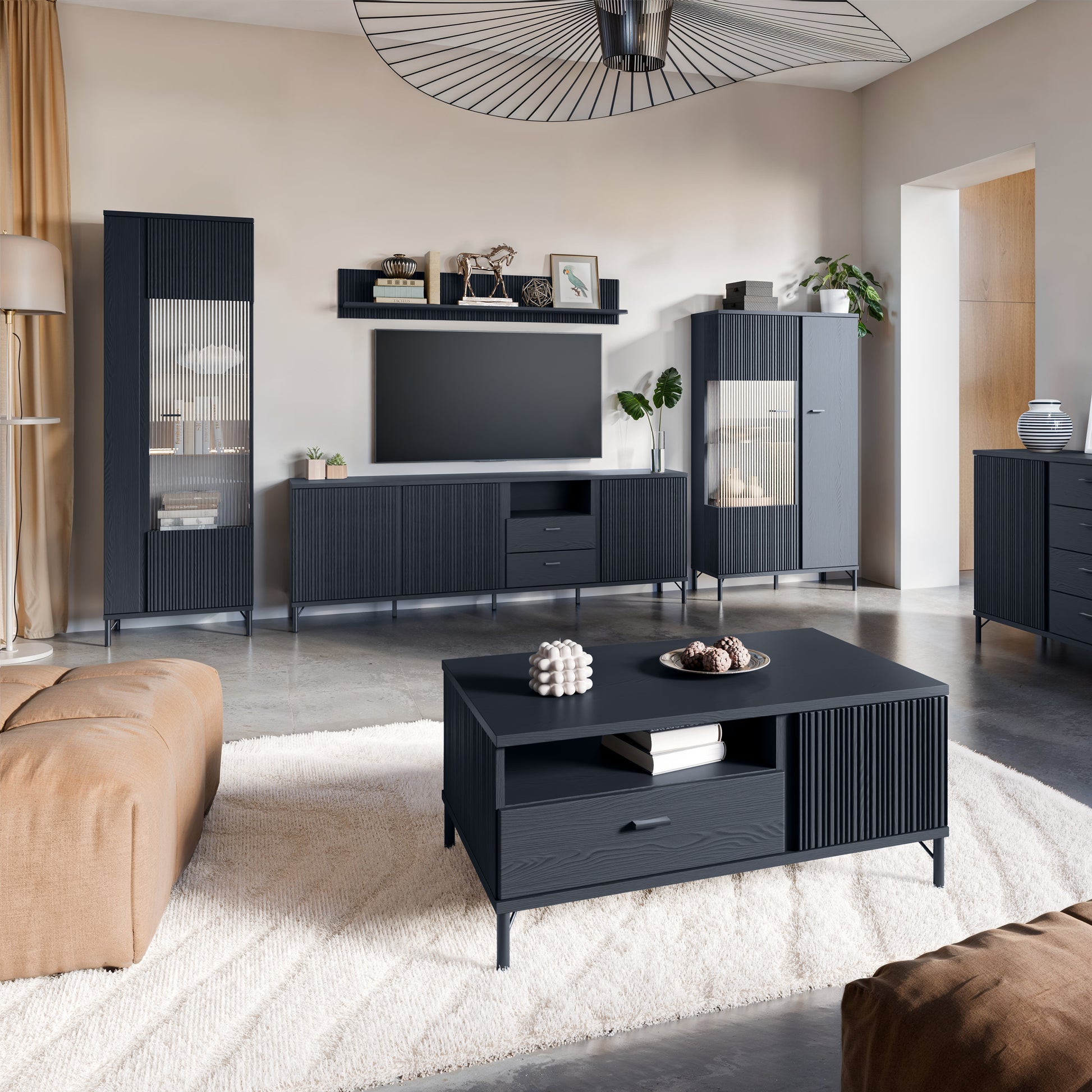 Lusaka TV Cabinet 3 Door 2 Drawer in Black Graphite