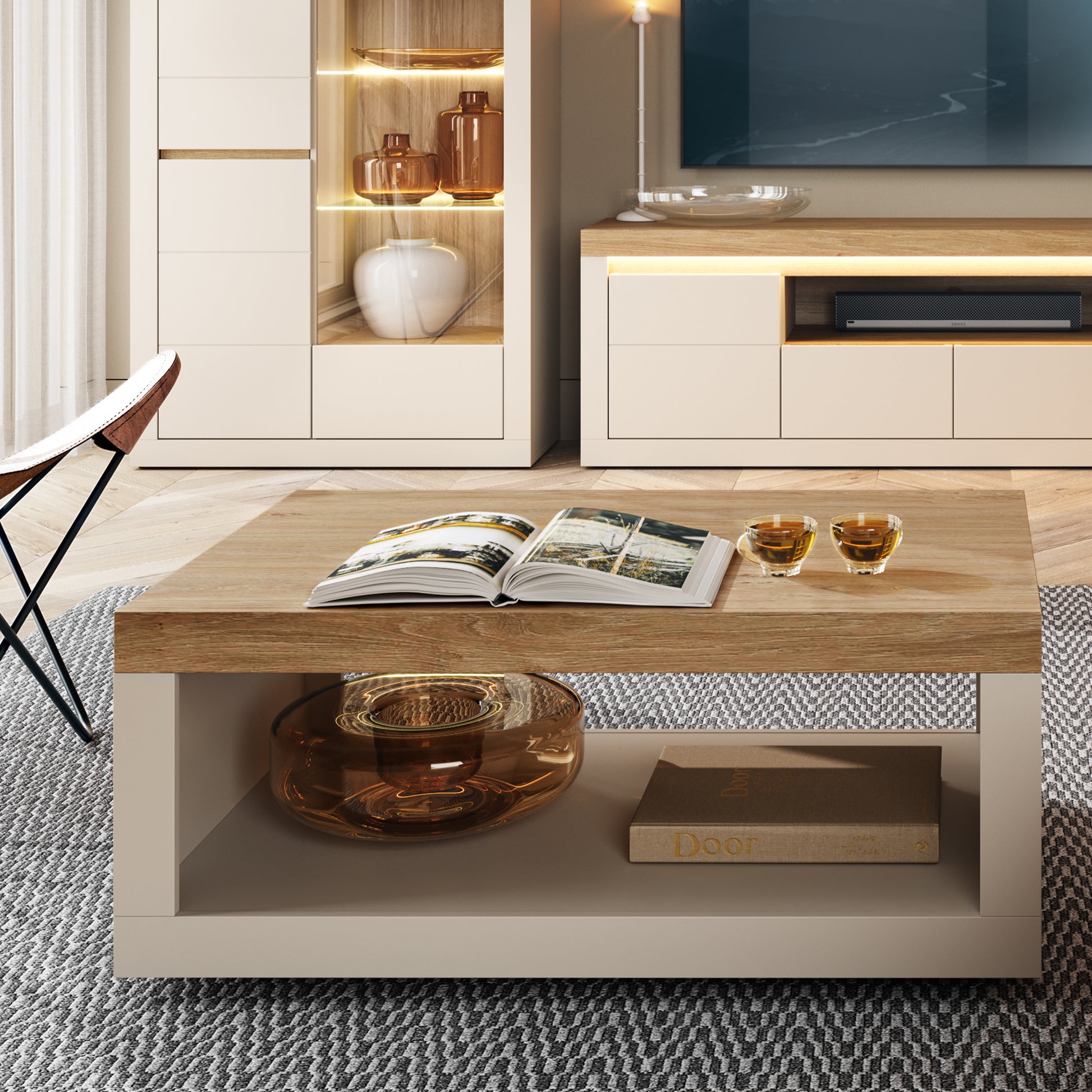 Naxxar Coffee Table in Cashmere and Stone Oak