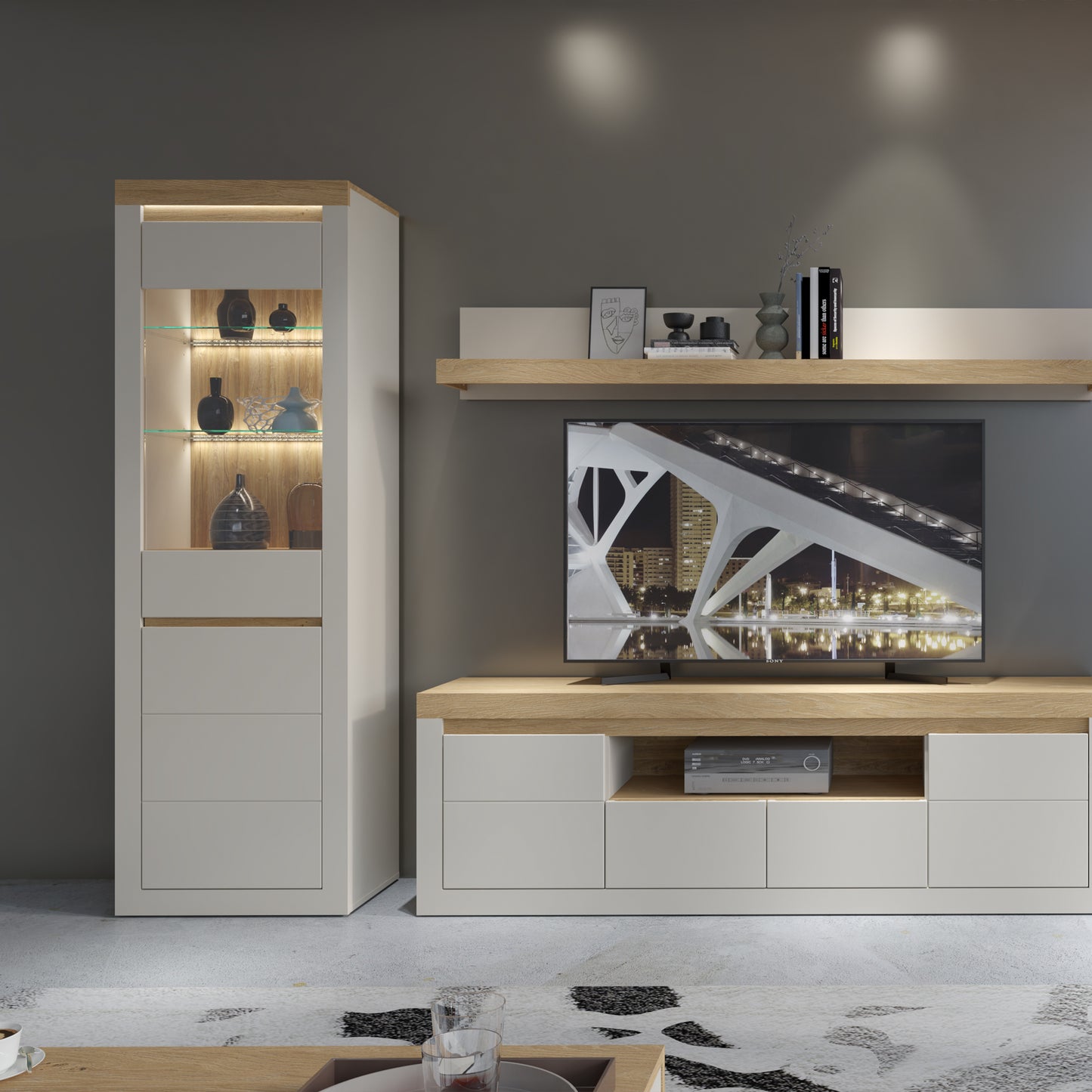 Naxxar Tall Display Cabinet with 1 Door in Cashmere and Stone Oak