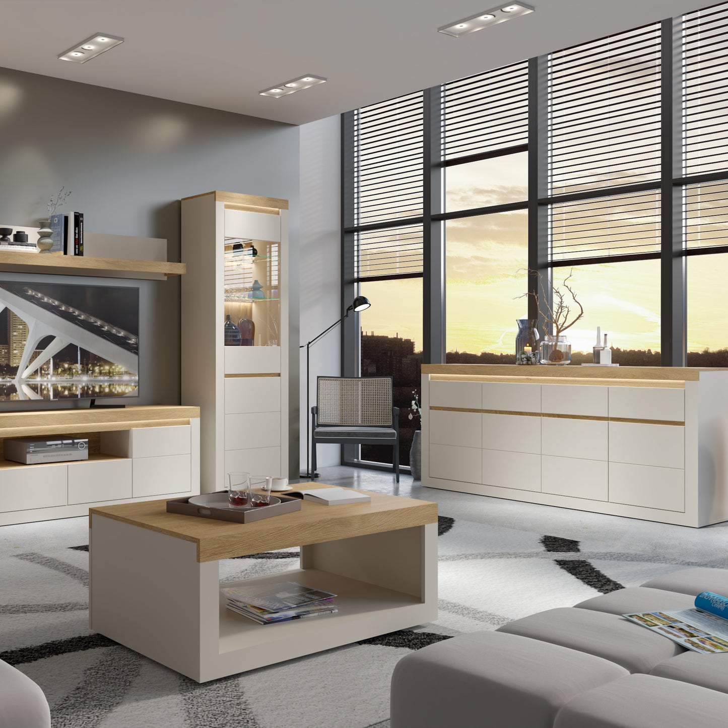 Naxxar Tall Display Cabinet with 1 Door in Cashmere and Stone Oak