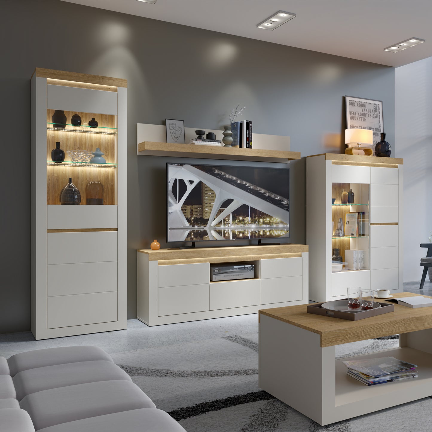 Naxxar Tall Display Cabinet with 1 Door in Cashmere and Stone Oak