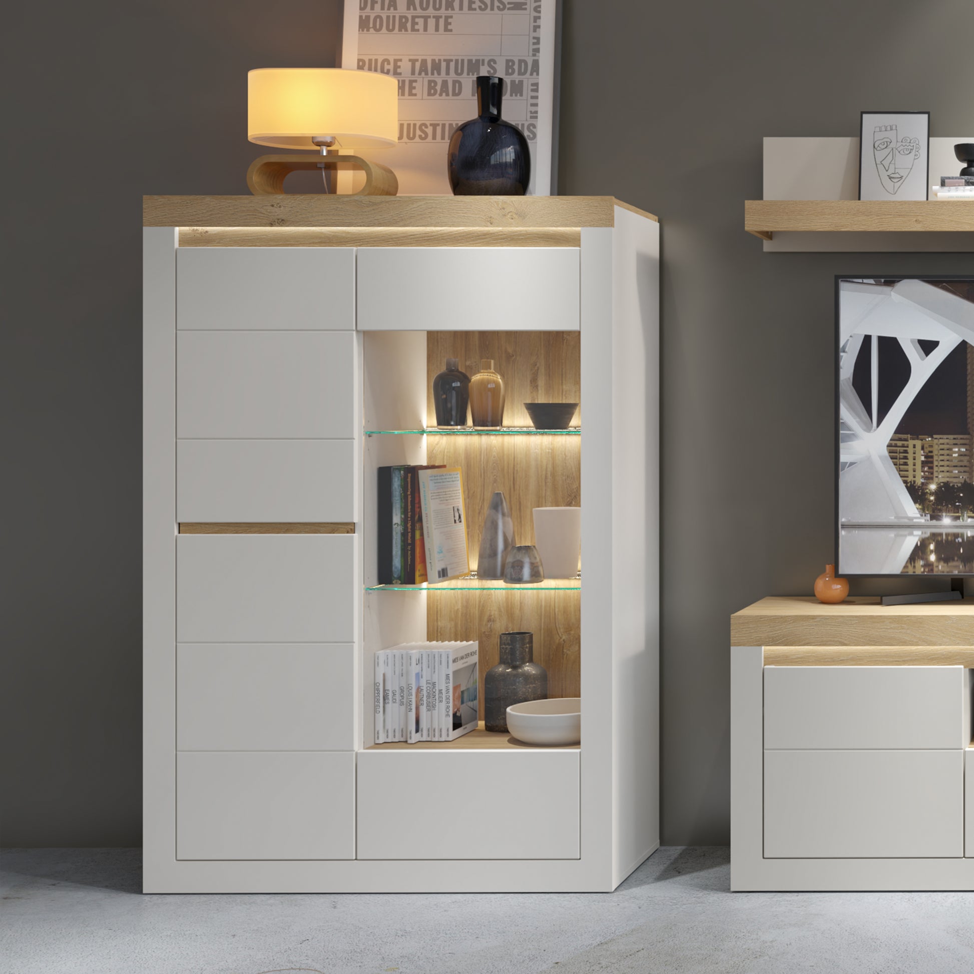 Naxxar Display Cabinet with 2 Doors (LH) in Cashmere and Stone Oak