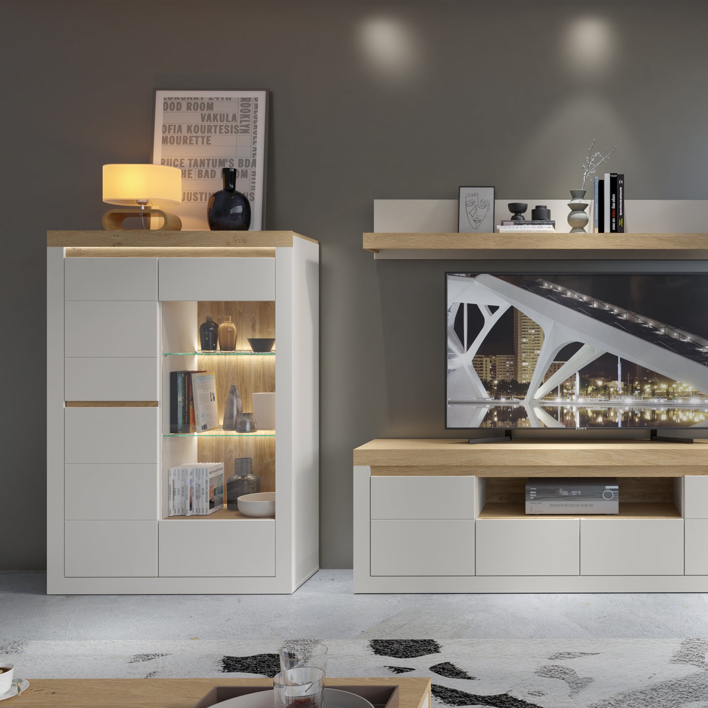 Naxxar Display Cabinet with 2 Doors (LH) in Cashmere and Stone Oak
