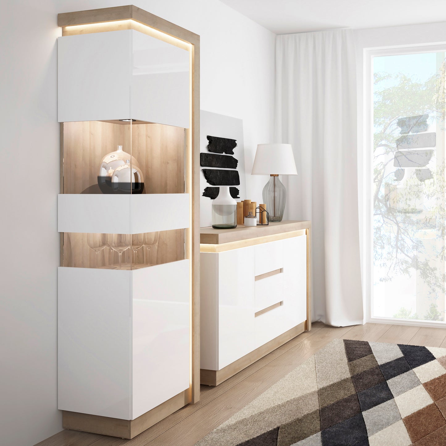Lyon Tall Narrow Display Cabinet (LHD) in Riviera Oak/White High Gloss