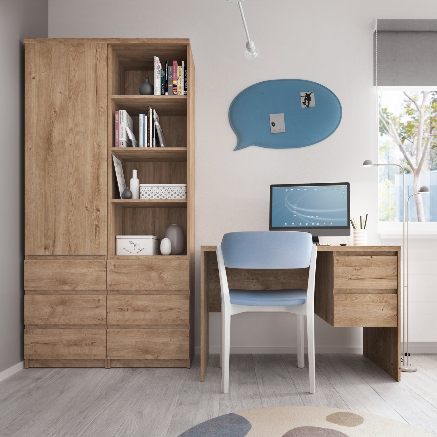 Fribo Tall Narrow 1 Door 3 Drawer Cupboard in Oak