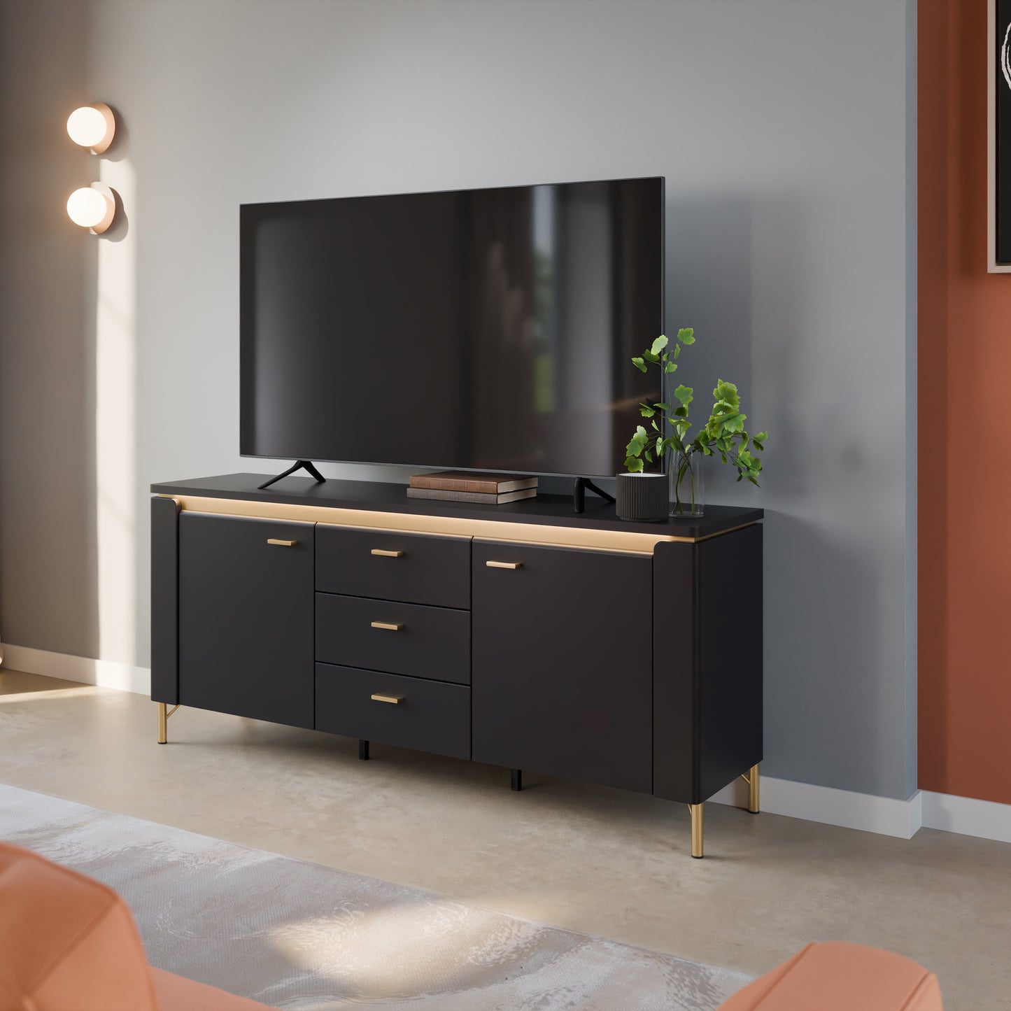 Genoa TV Cabinet 2 Door 3 Drawer 155cm Wide in Black Matt/Gold