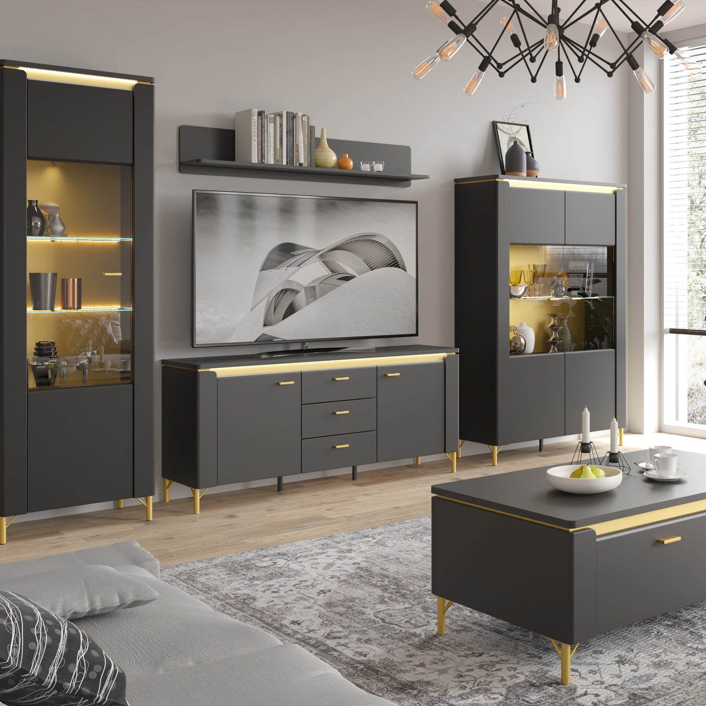 Genoa TV Cabinet 2 Door 3 Drawer 155cm Wide in Black Matt/Gold