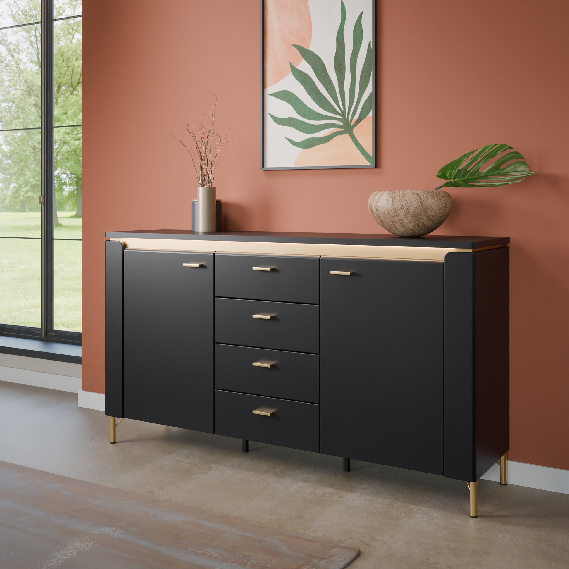 Genoa Sideboard 2 Door 4 Drawer in Black Matt/Gold