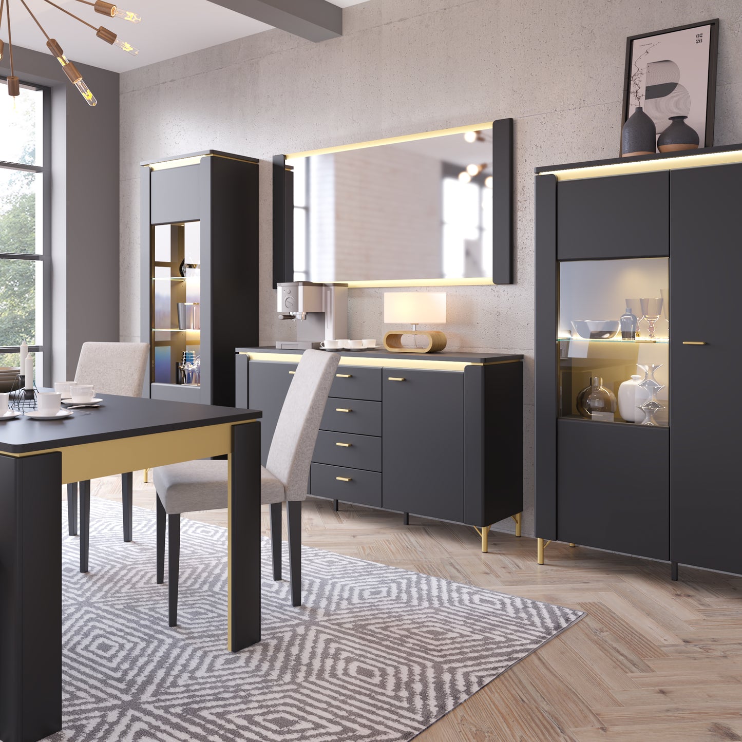 Genoa Sideboard 2 Door 4 Drawer in Black Matt/Gold