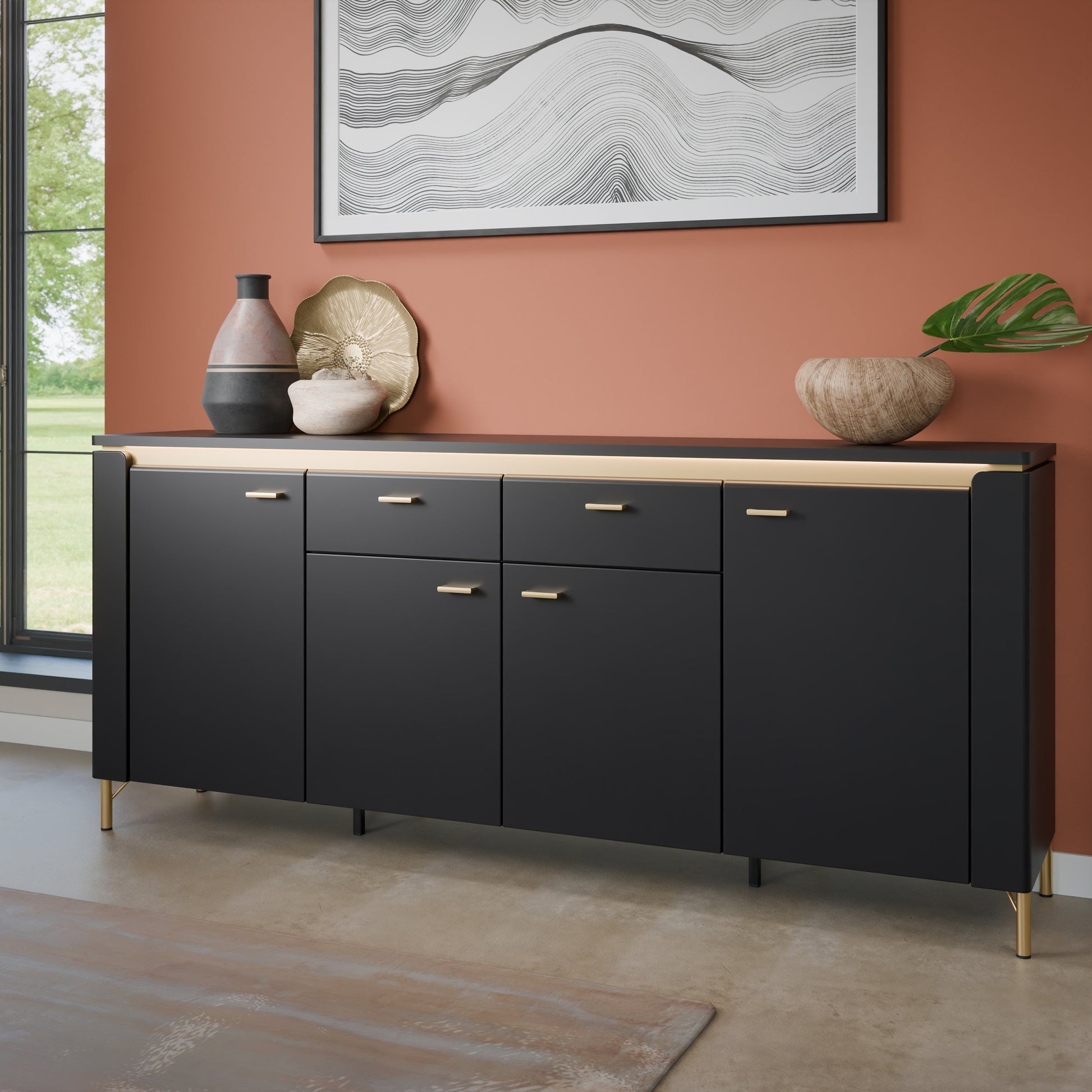 Genoa Sideboard 4 Door 2 Drawer in Black Matt/Gold