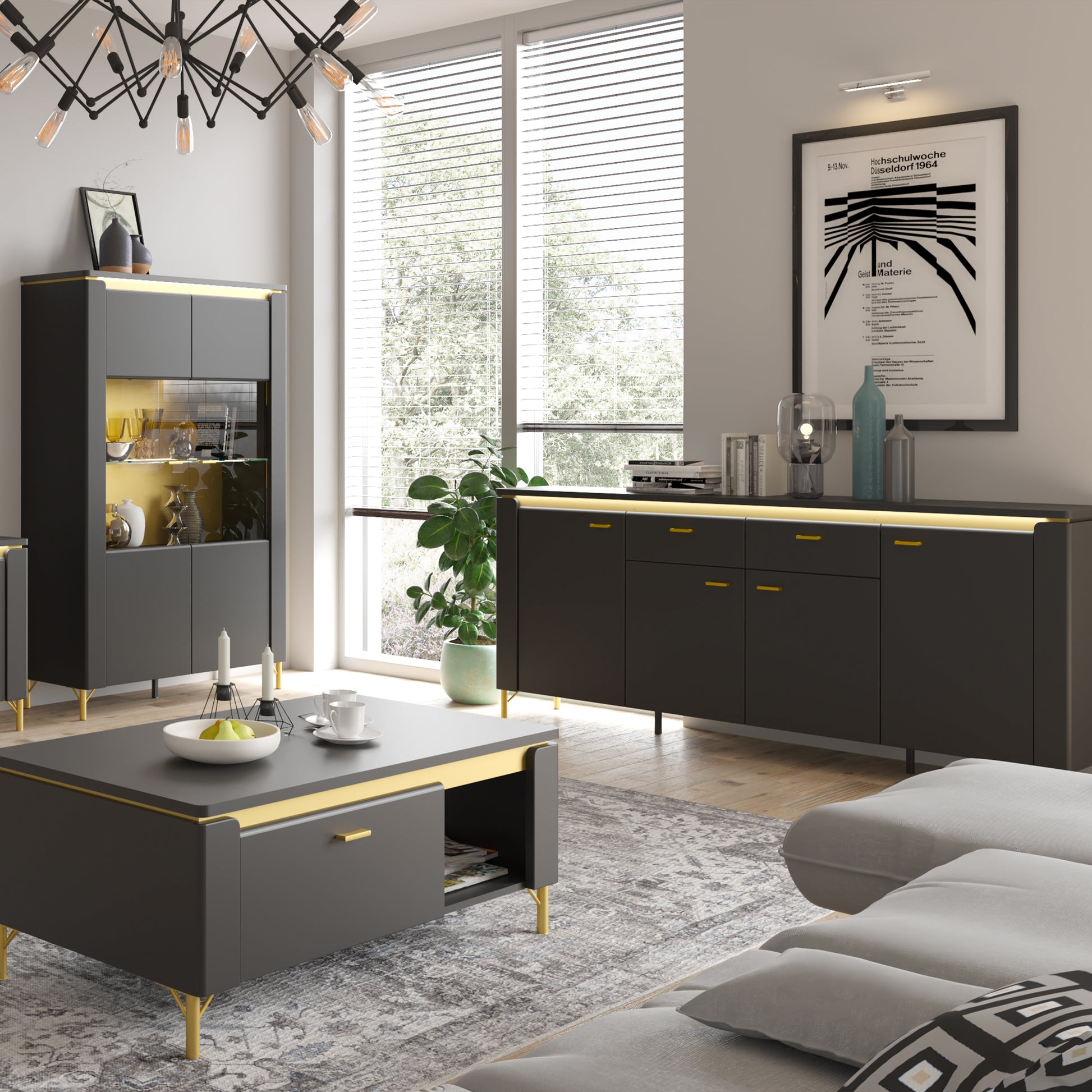 Genoa Sideboard 4 Door 2 Drawer in Black Matt/Gold