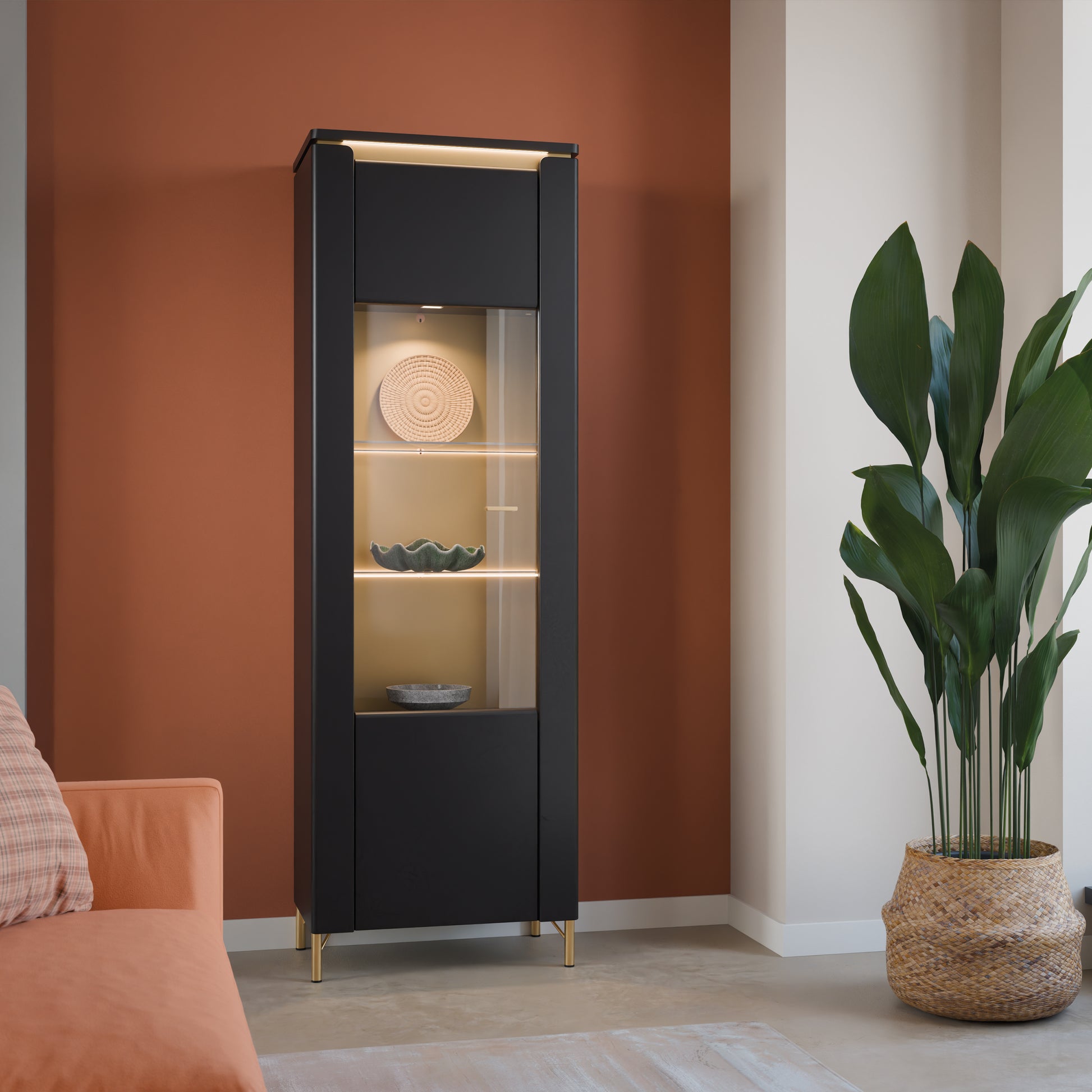 Genoa Vitrin 1 Door in Black Matt/Gold