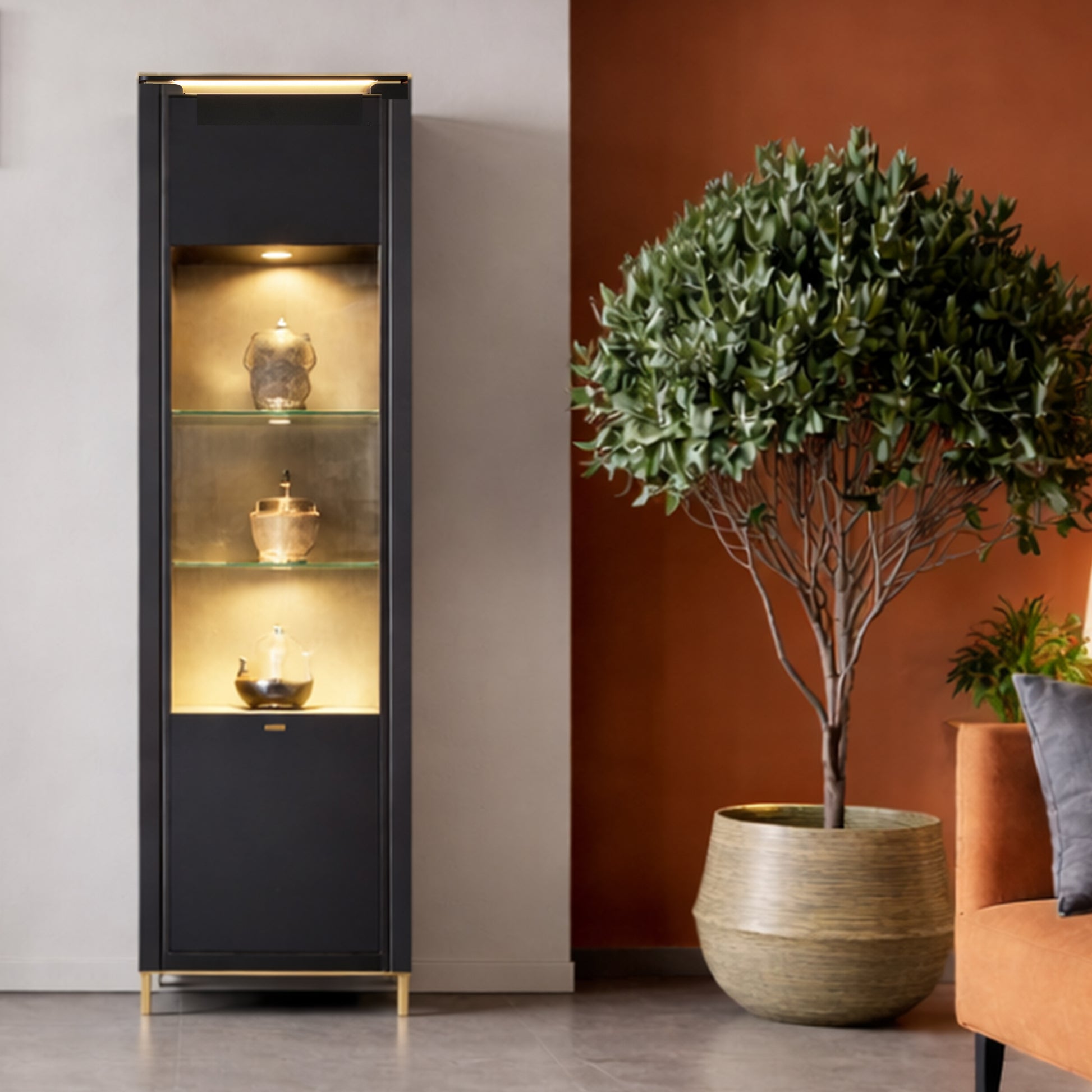 Genoa Vitrin 1 Door in Black Matt/Gold