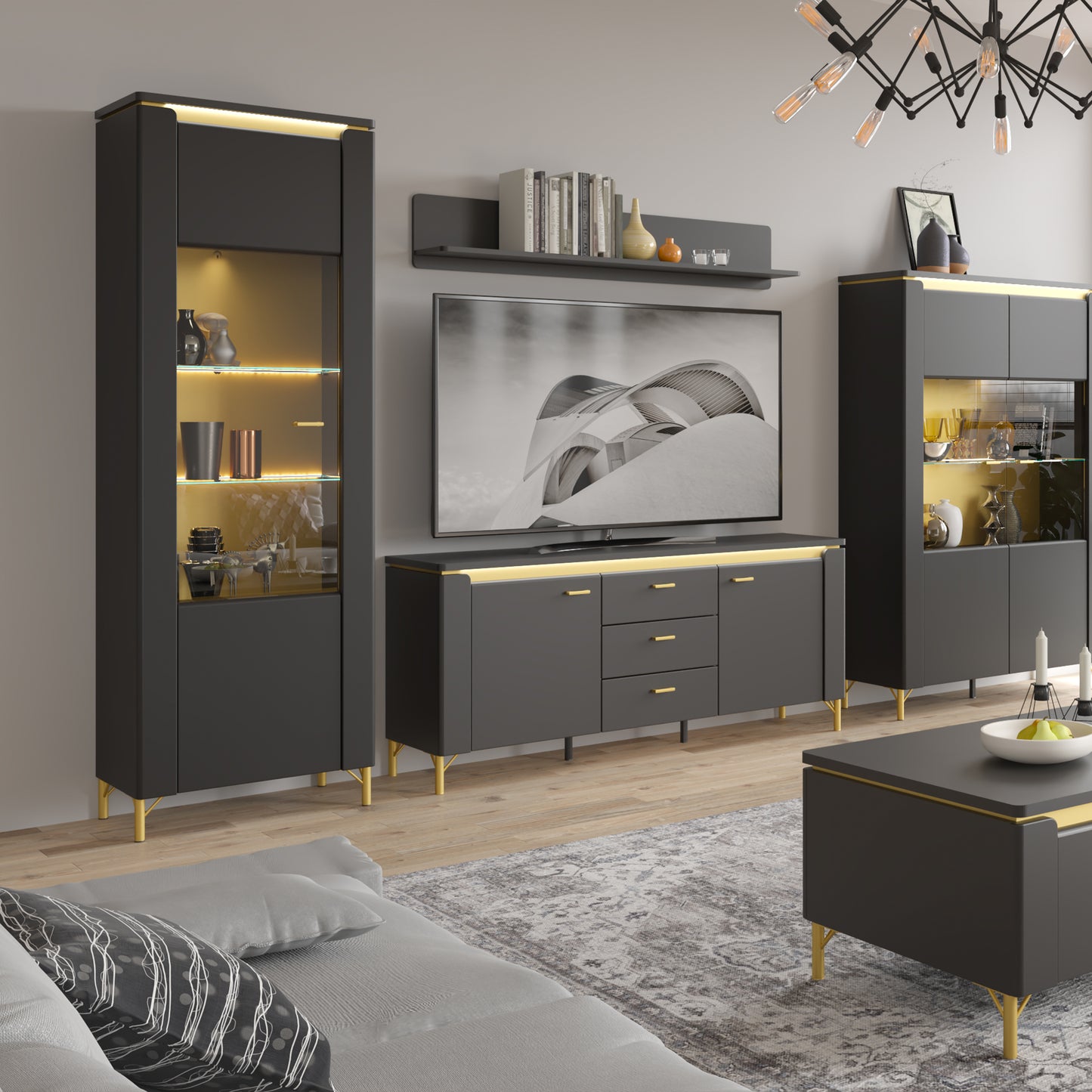 Genoa Vitrin 1 Door in Black Matt/Gold