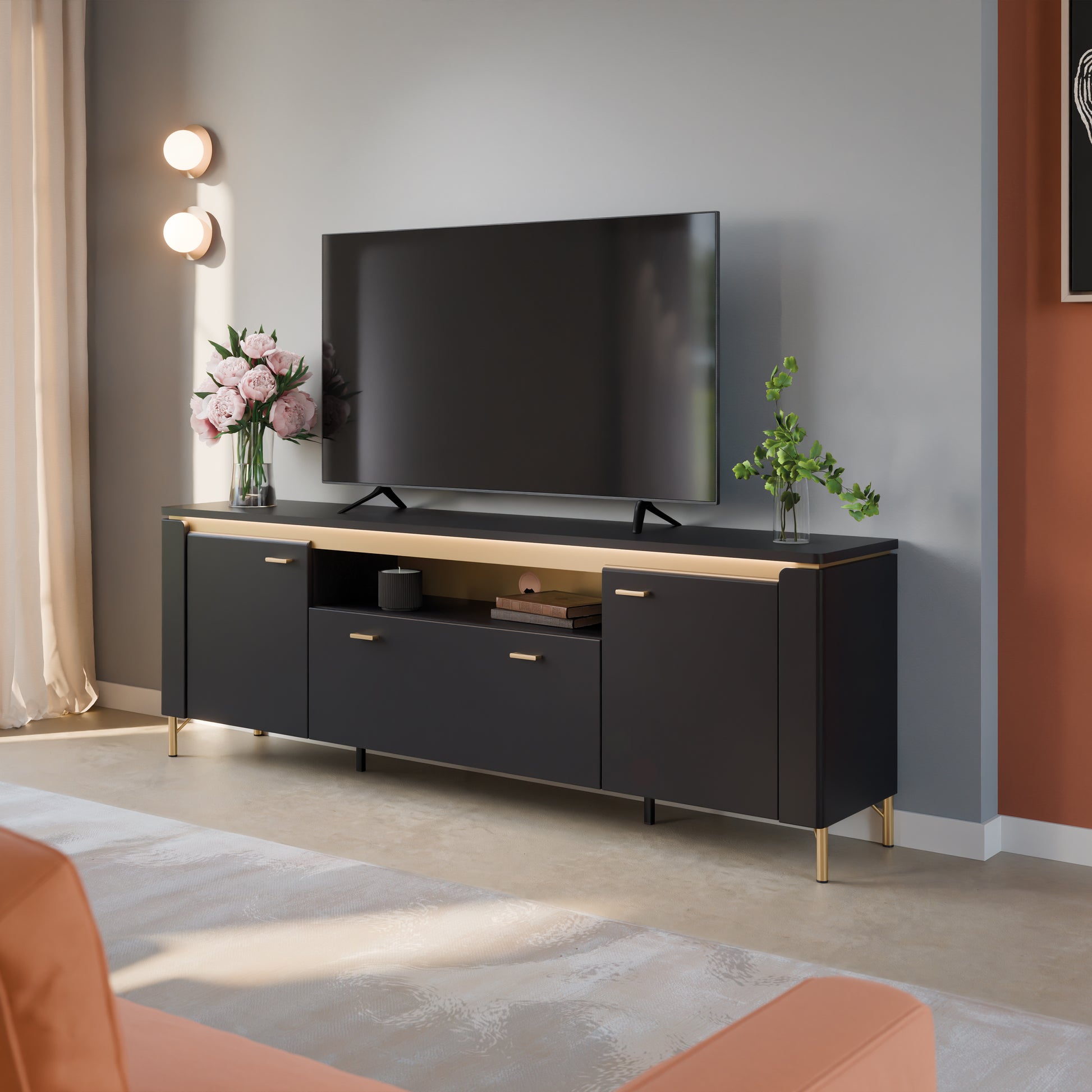 Genoa TV Cabinet 2 Door 1 Drawer 200cm Wide in Black Matt/Gold