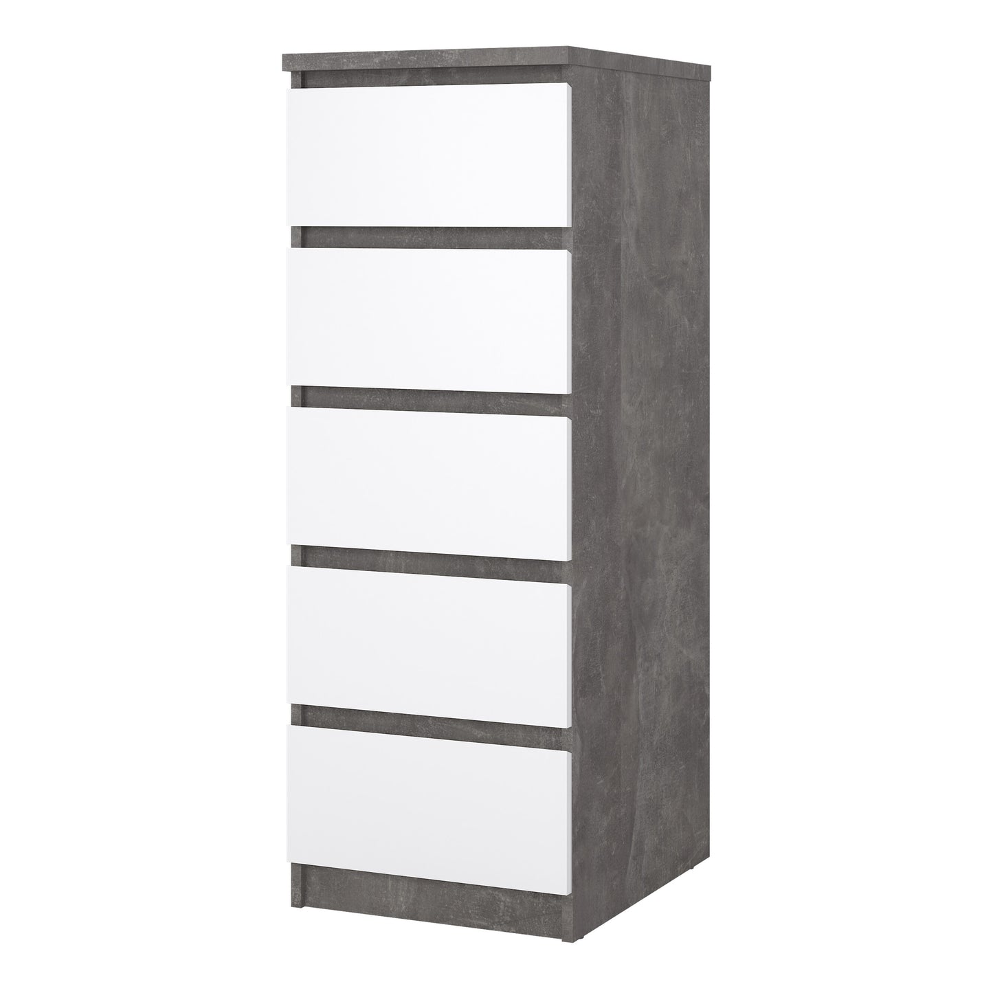 Naia Narrow Chest of 5 Drawers in Concrete and White High Gloss