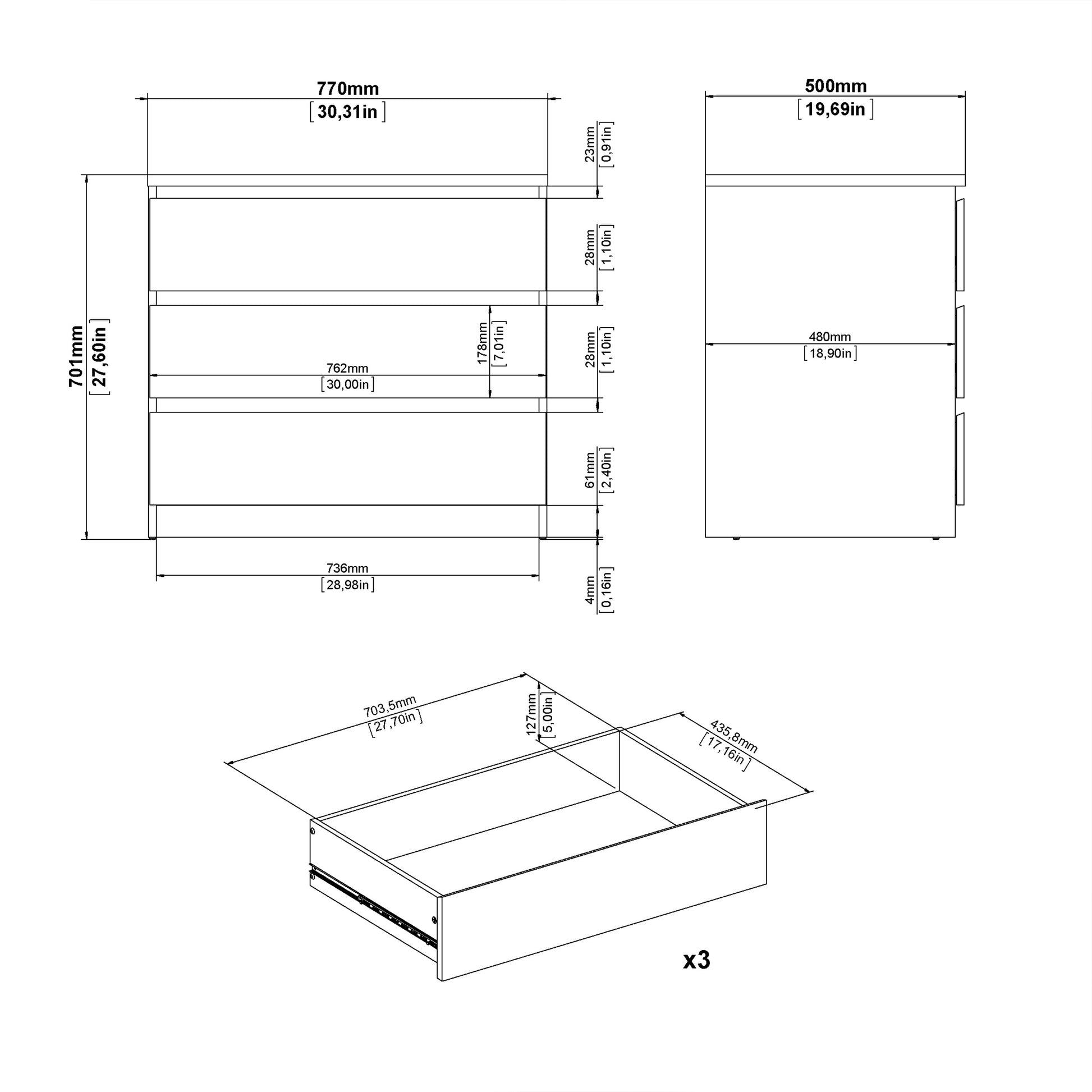 Naia Chest of 3 Drawers in White