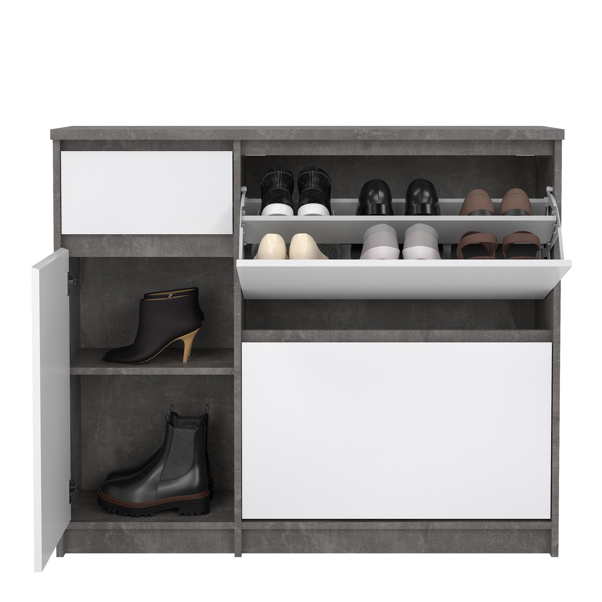 Naia Shoe Cabinet with 2 Flip Down Doors 1 Door and 1 Drawer in Concrete and White High Gloss