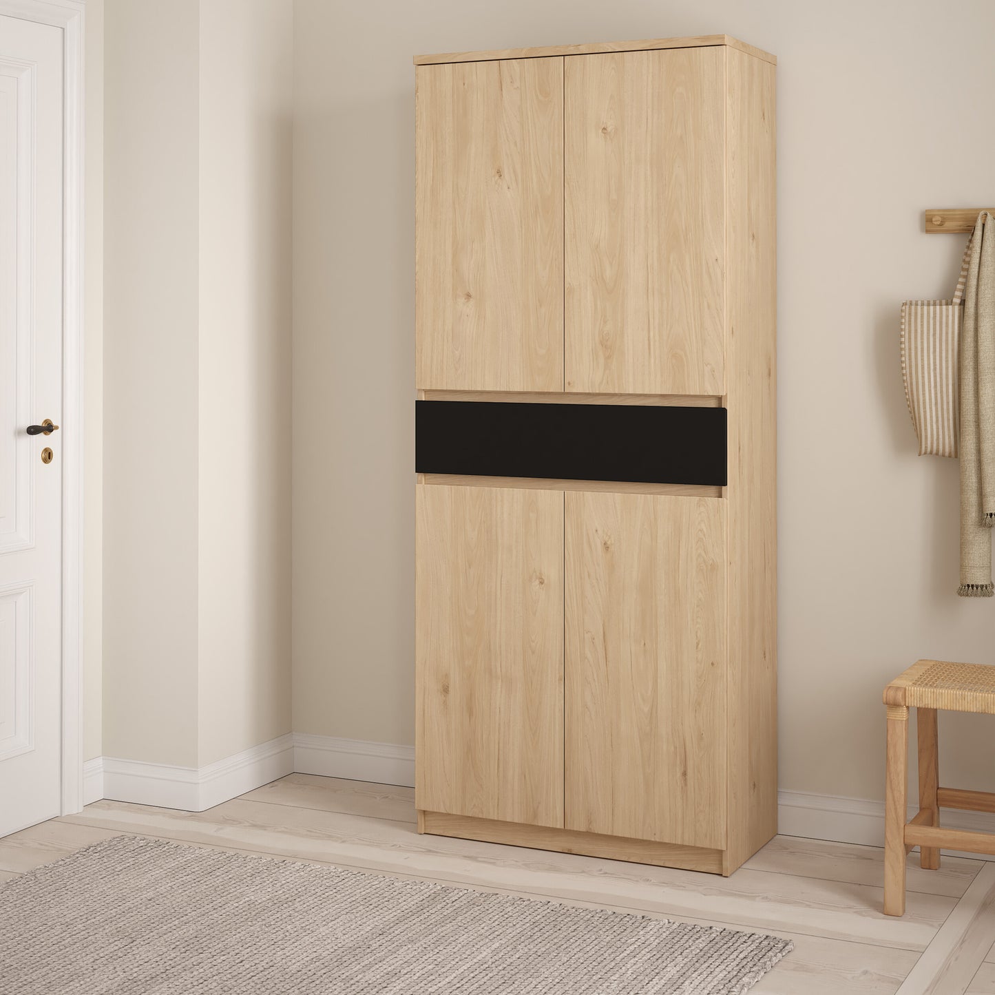 Naia Shoe Cabinet with 4 Doors 1 Drawer in Jackson Hickory Oak and Black
