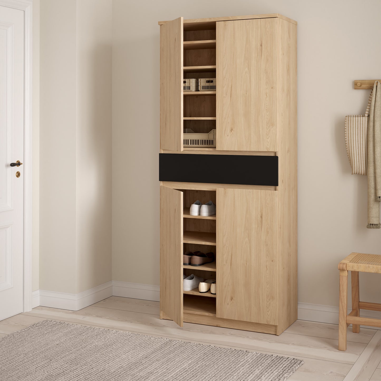 Naia Shoe Cabinet with 4 Doors 1 Drawer in Jackson Hickory Oak and Black