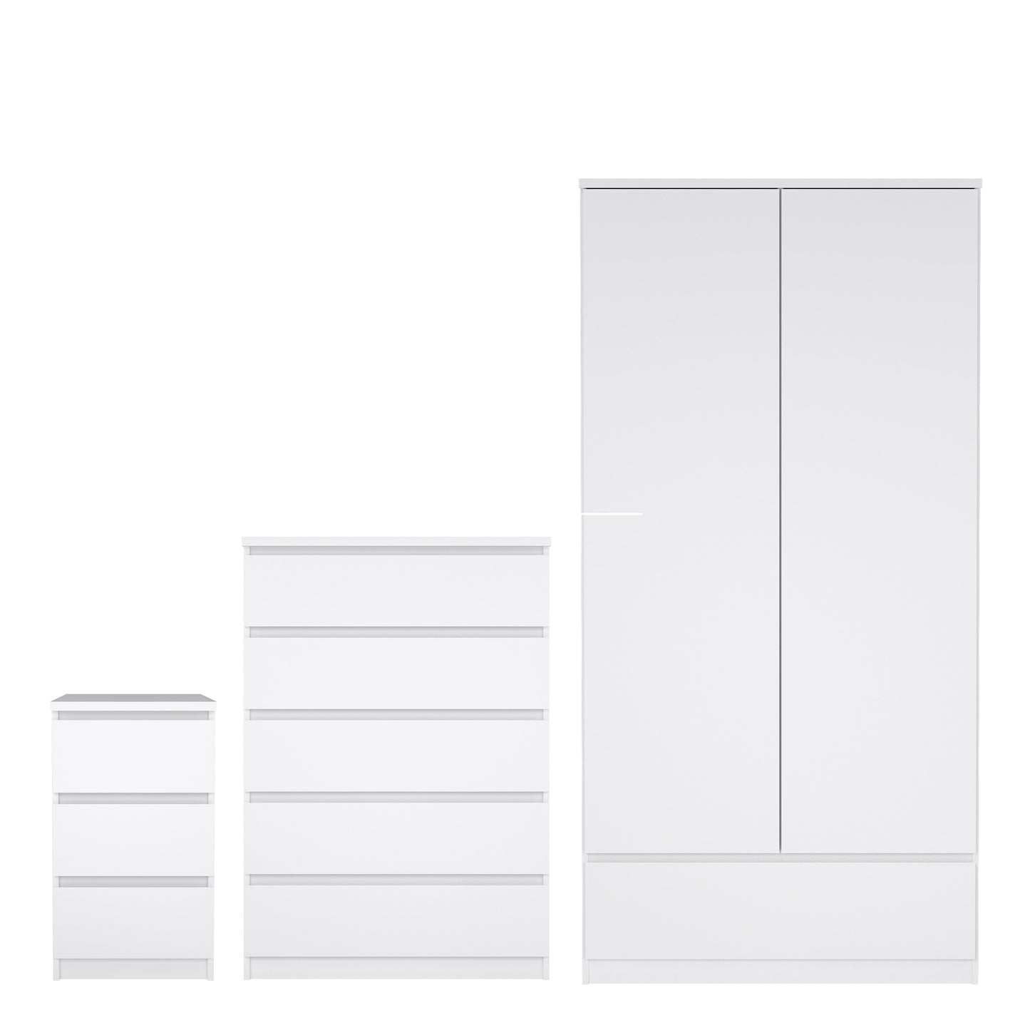 Naia Package - Bedside 3 Drawers + Chest of 5 Drawers + Wardrobe with 2 Doors + 1 Drawer in White High Gloss