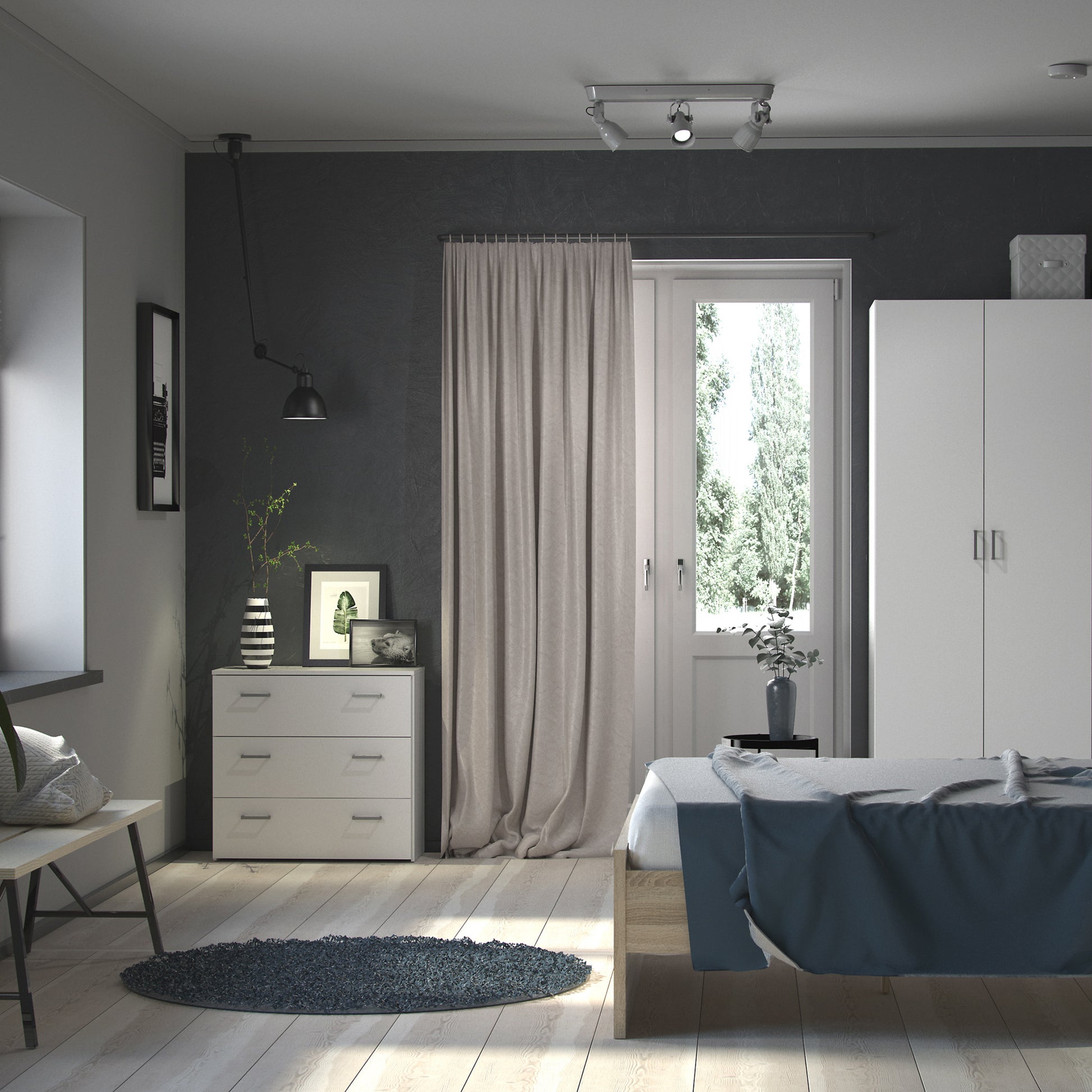 Space Package - Bedside 1 Drawer + Chest of 3 Drawers + Wardrobe with 2 Doors in White