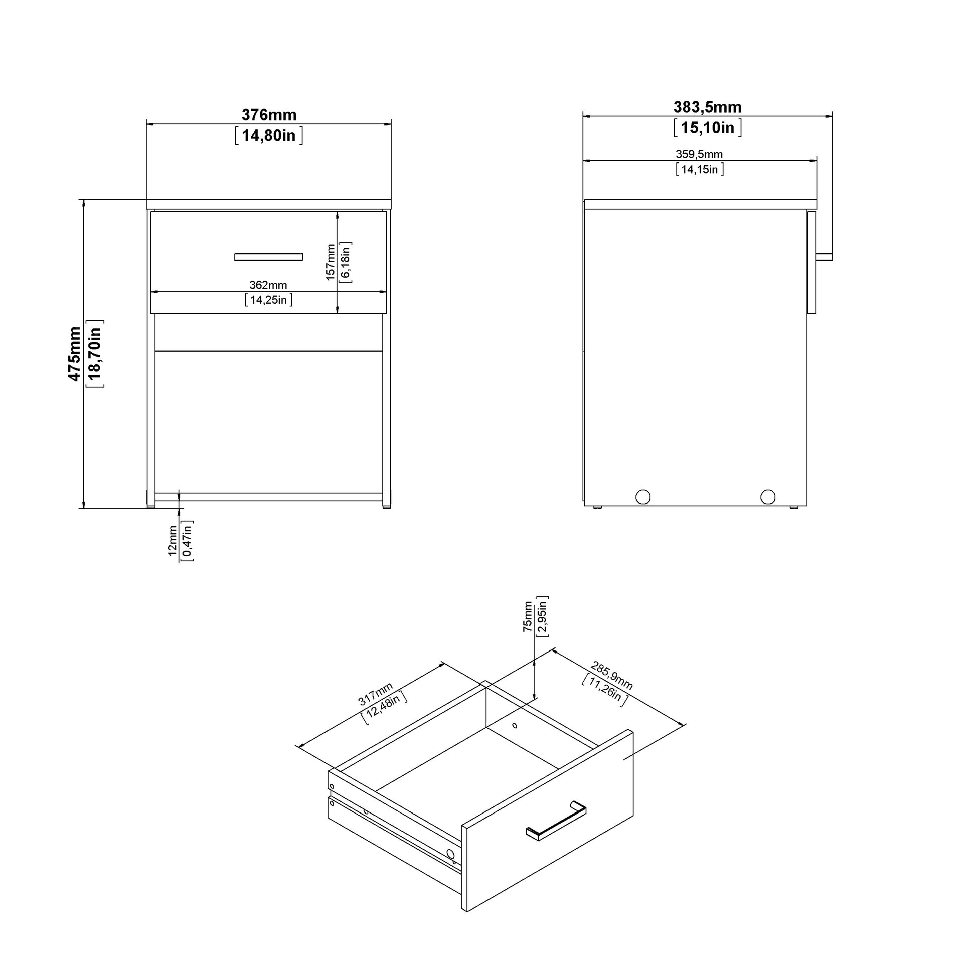 Space Package - Bedside 1 Drawer + Chest of 3 Drawers + Wardrobe with 2 Doors in White