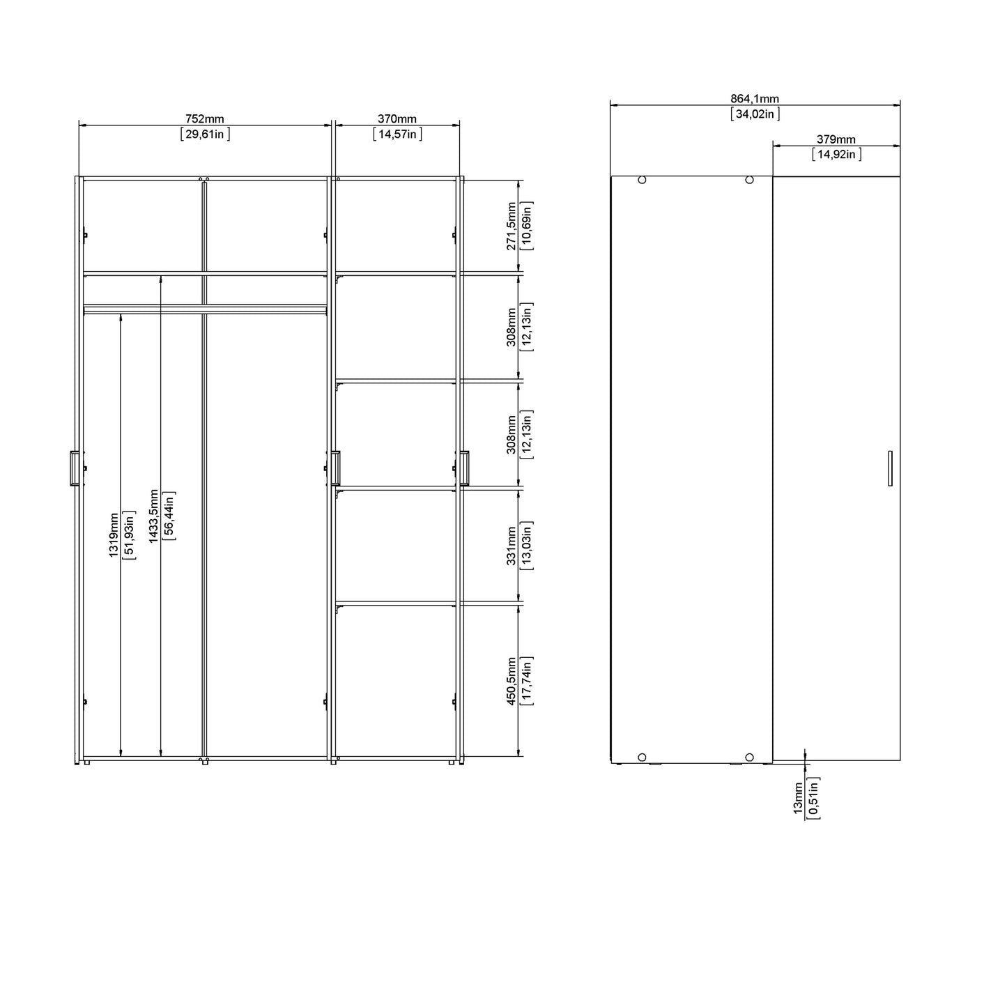 Space Wardrobe 3 Doors White 1750