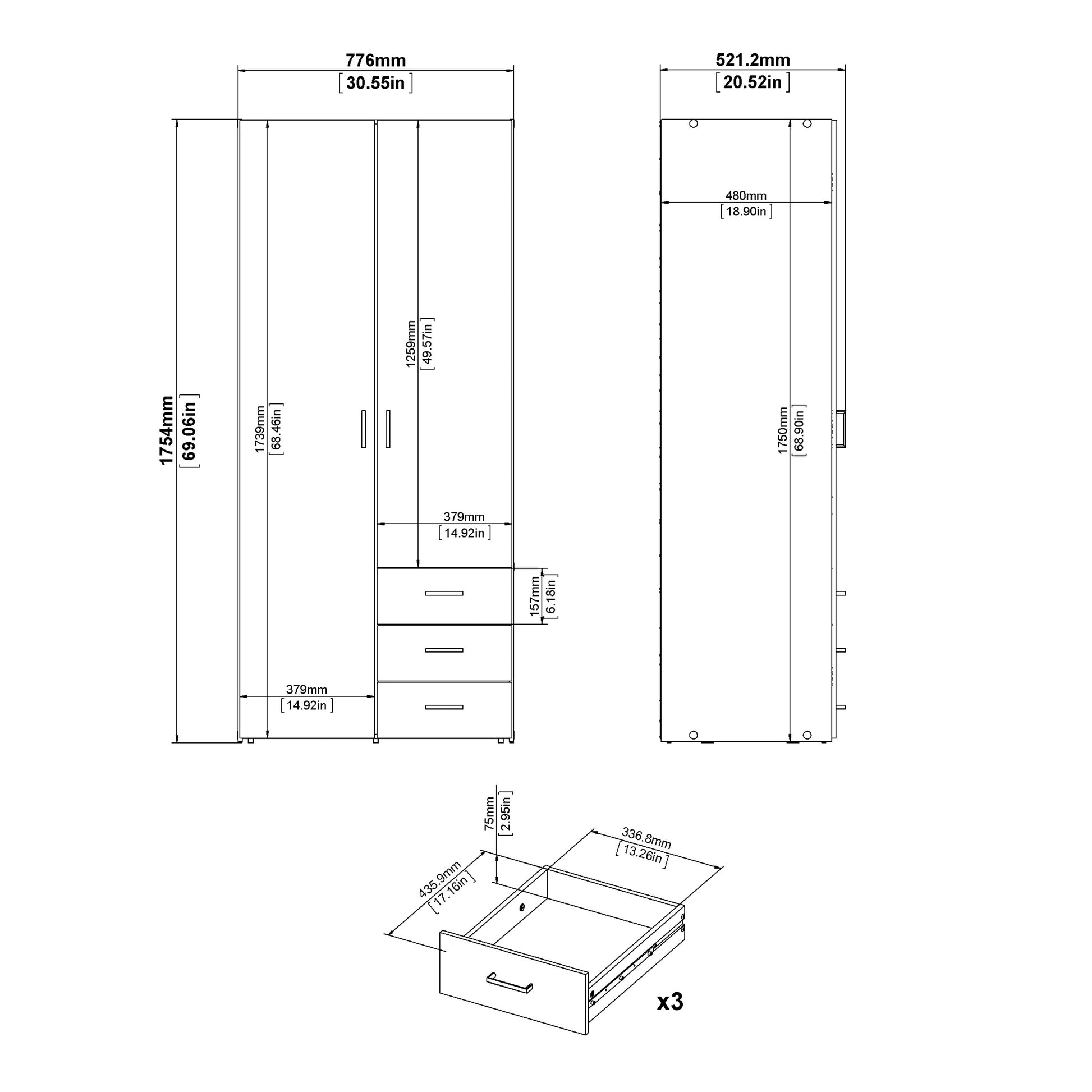 Space Wardrobe 2 Doors 3 Drawers White 1750