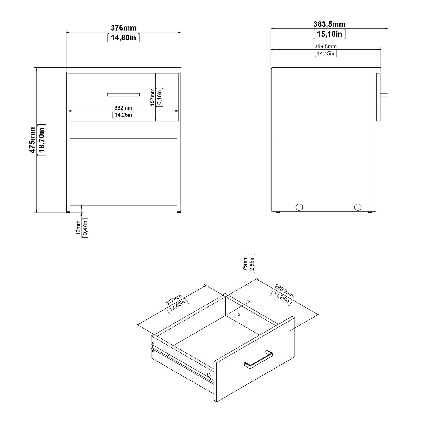 Space Package - Bedside 1 Drawer + Chest of 3 Drawers + Wardrobe with 2 Doors + 1 Drawer in Oak