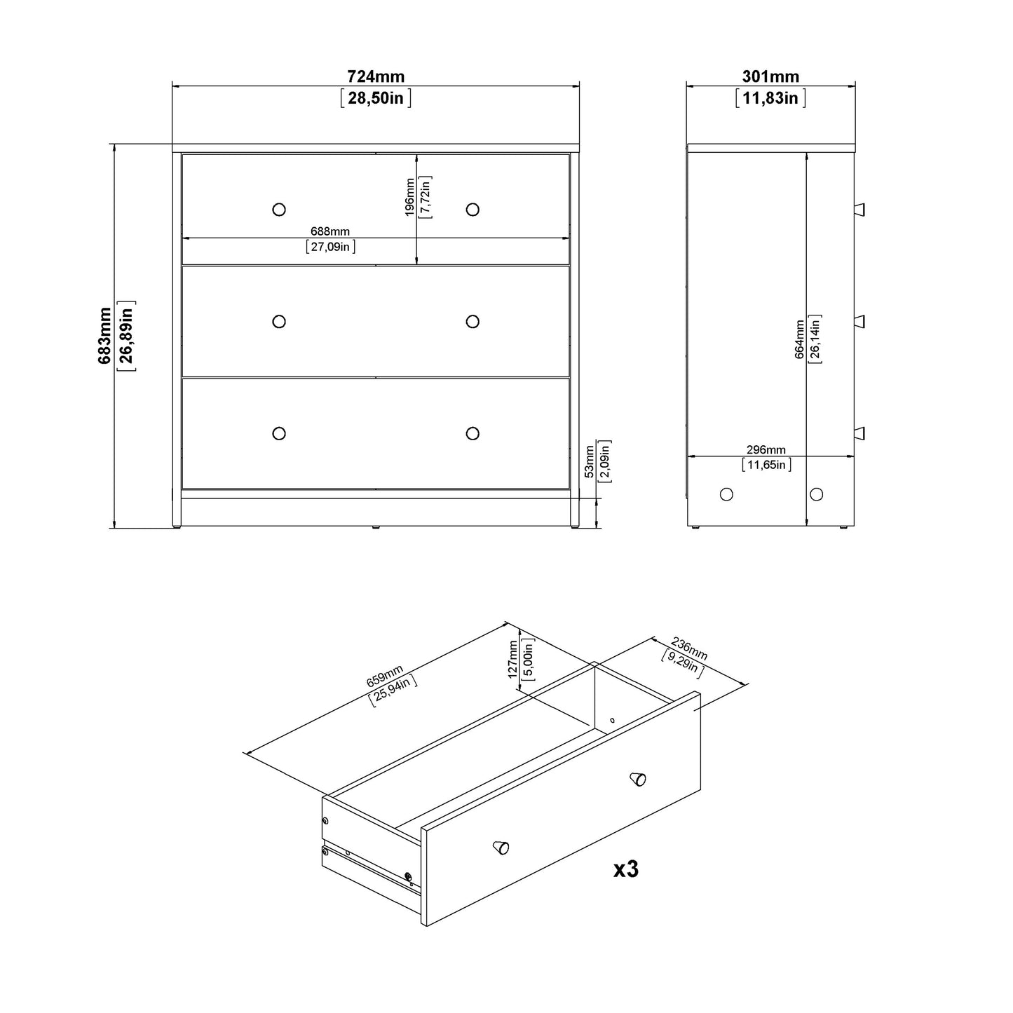 May Chest of 3 Drawers in White