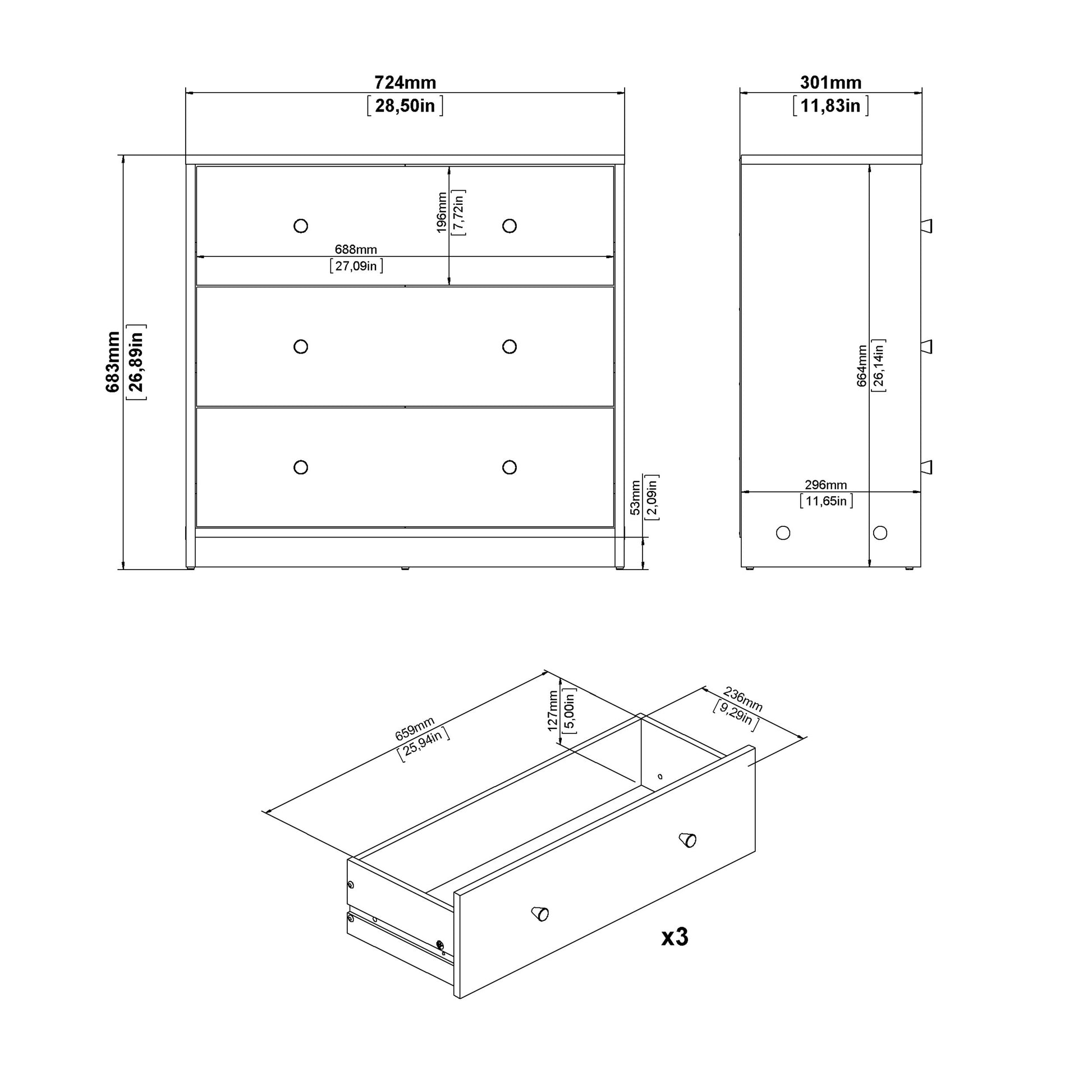 May Chest of 3 Drawers in White
