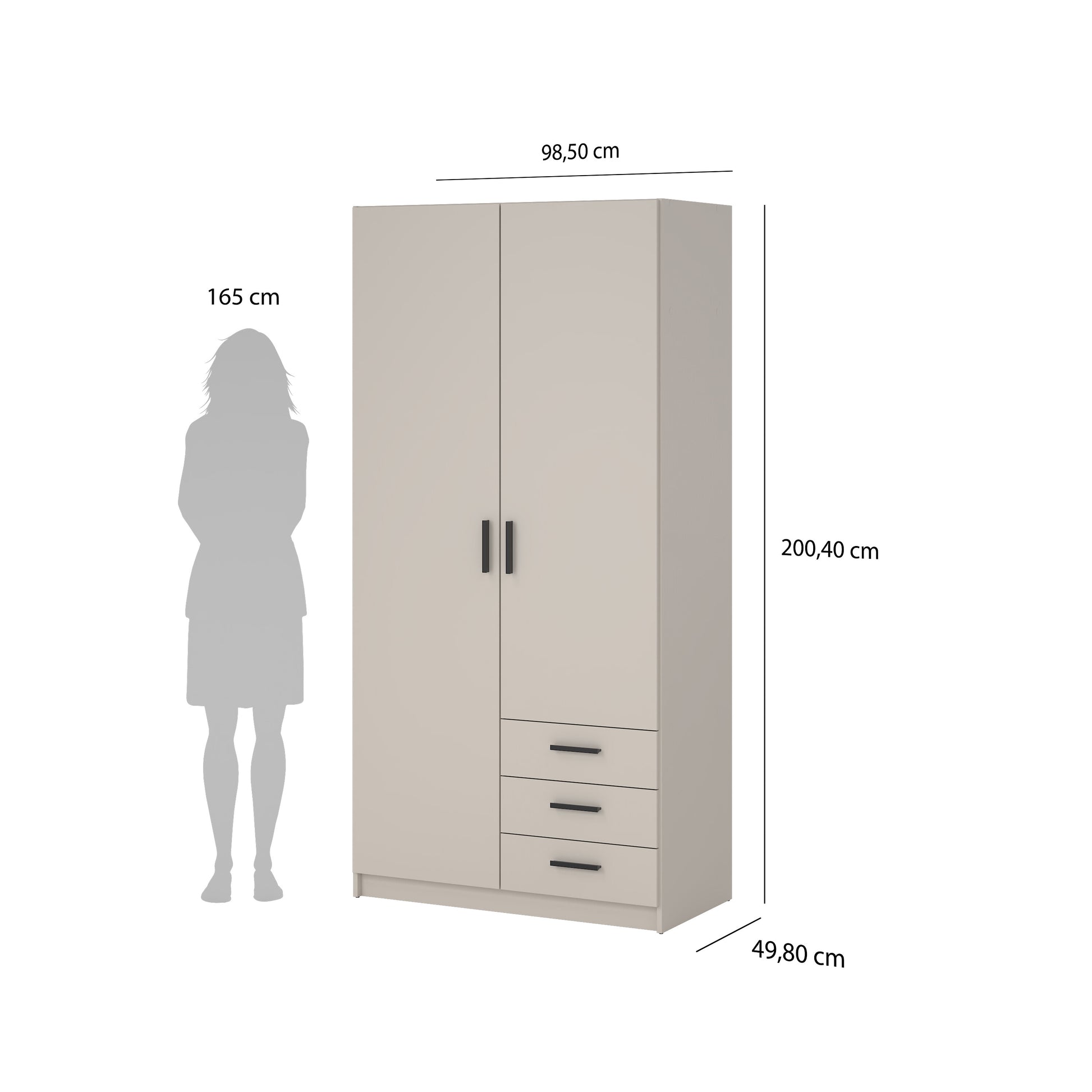 Sprint Wardrobe with 2 Doors + 3 Drawers in Cashmere