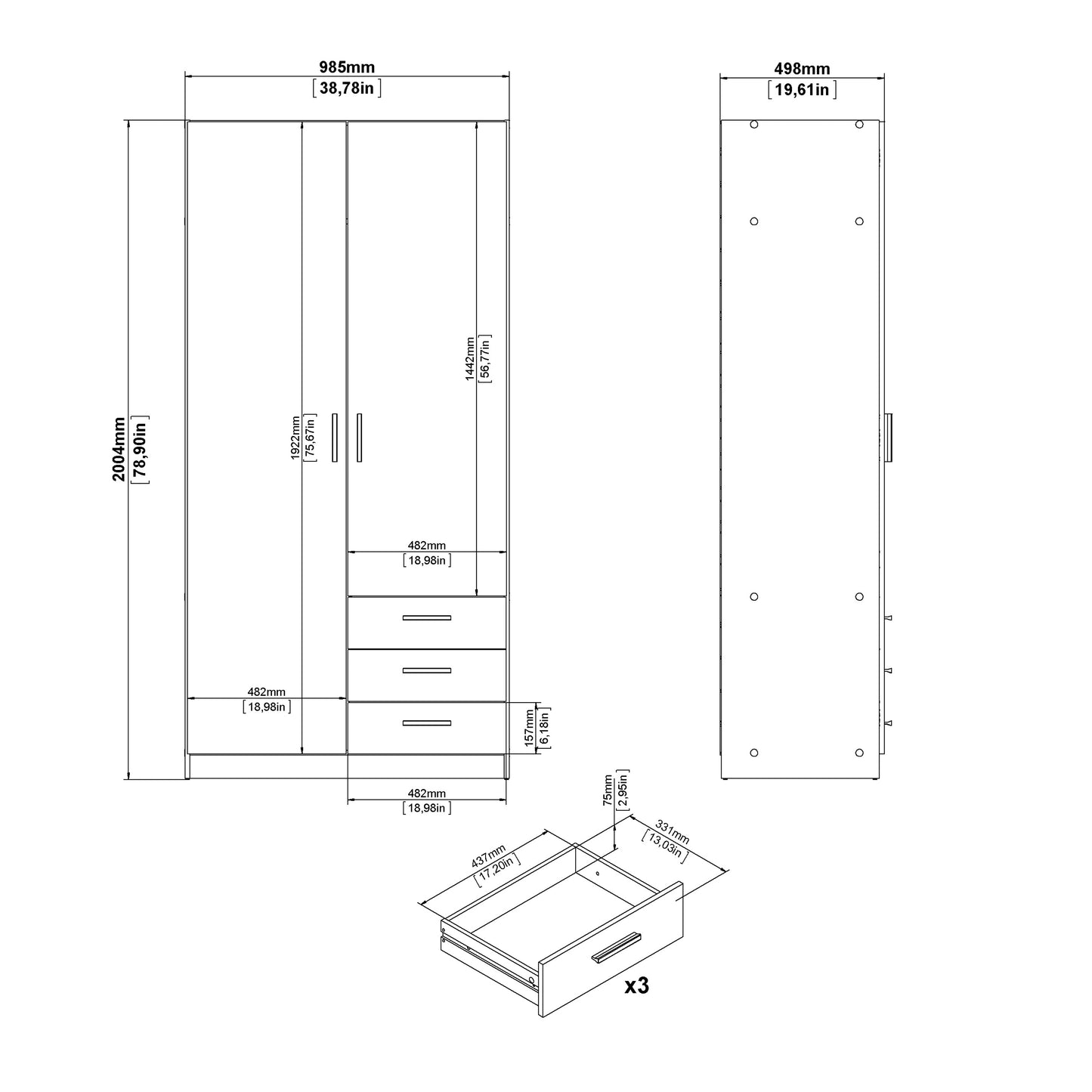 Sprint Wardrobe with 2 Doors + 3 Drawers in Cashmere