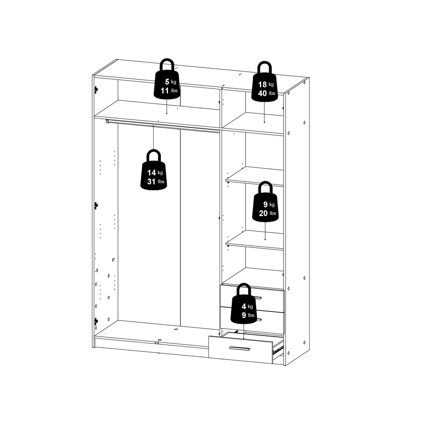 Sprint Wardrobe with 3 Doors + 3 Drawers in White