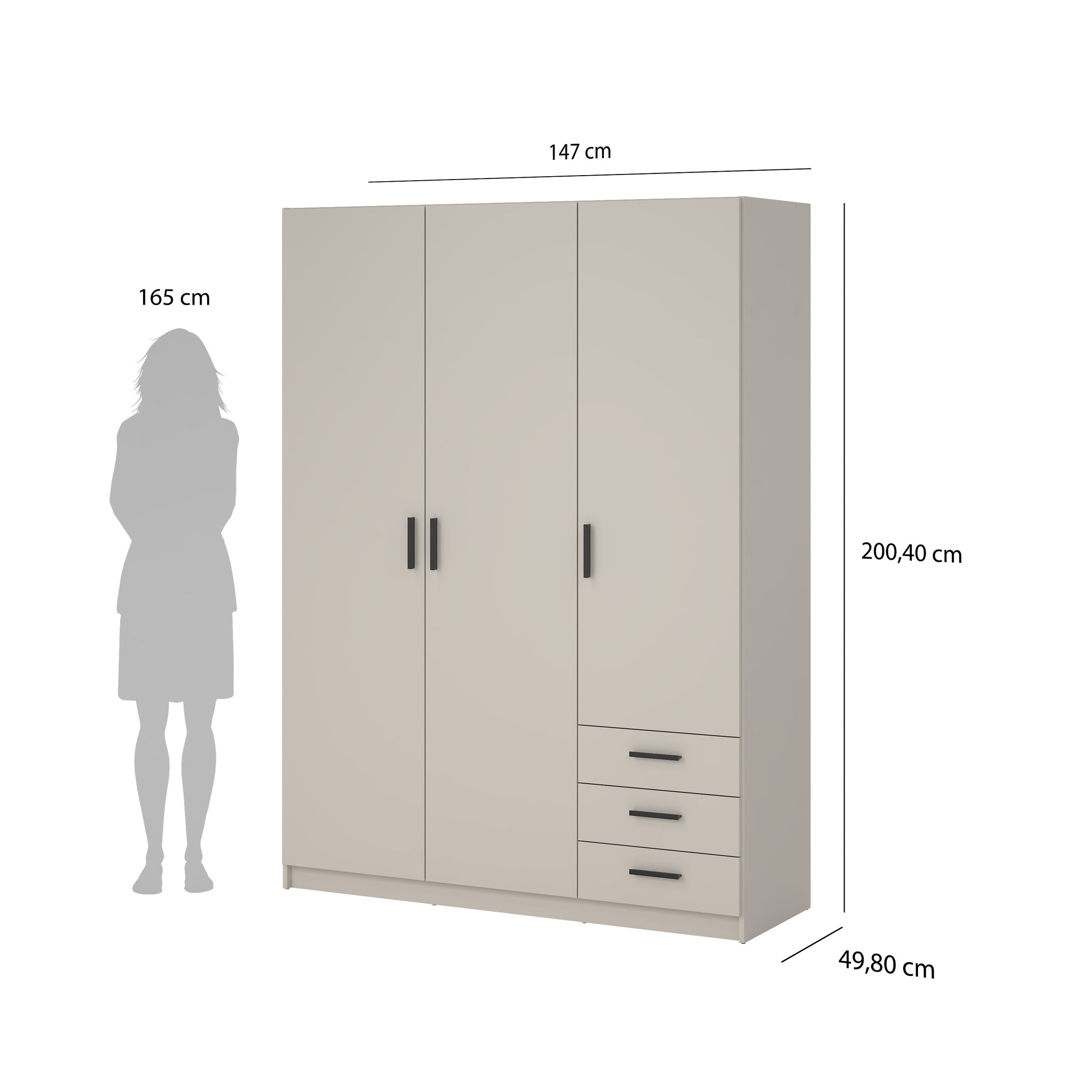 Sprint Wardrobe with 3 Doors + 3 Drawers in Cashmere