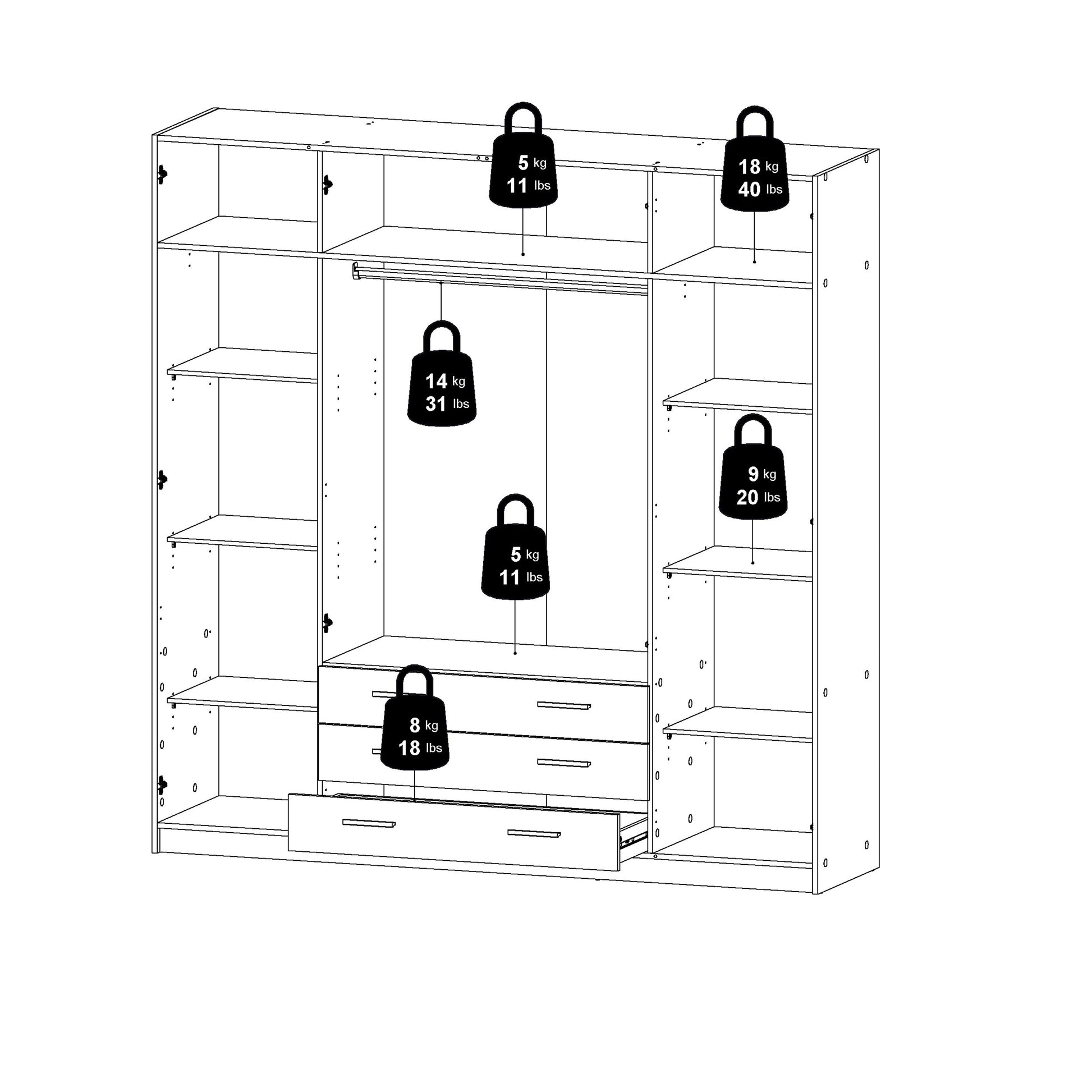 Sprint Wardrobe with 4 Doors + 3 Drawers in White