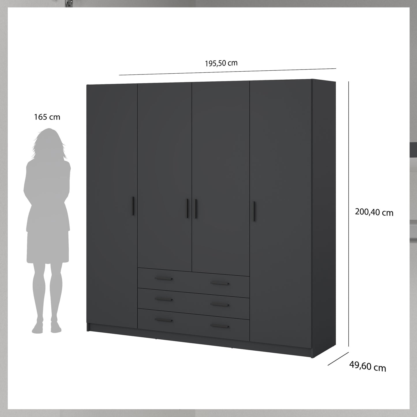 Sprint Wardrobe with 4 Doors + 3 Drawers in Matt Grey