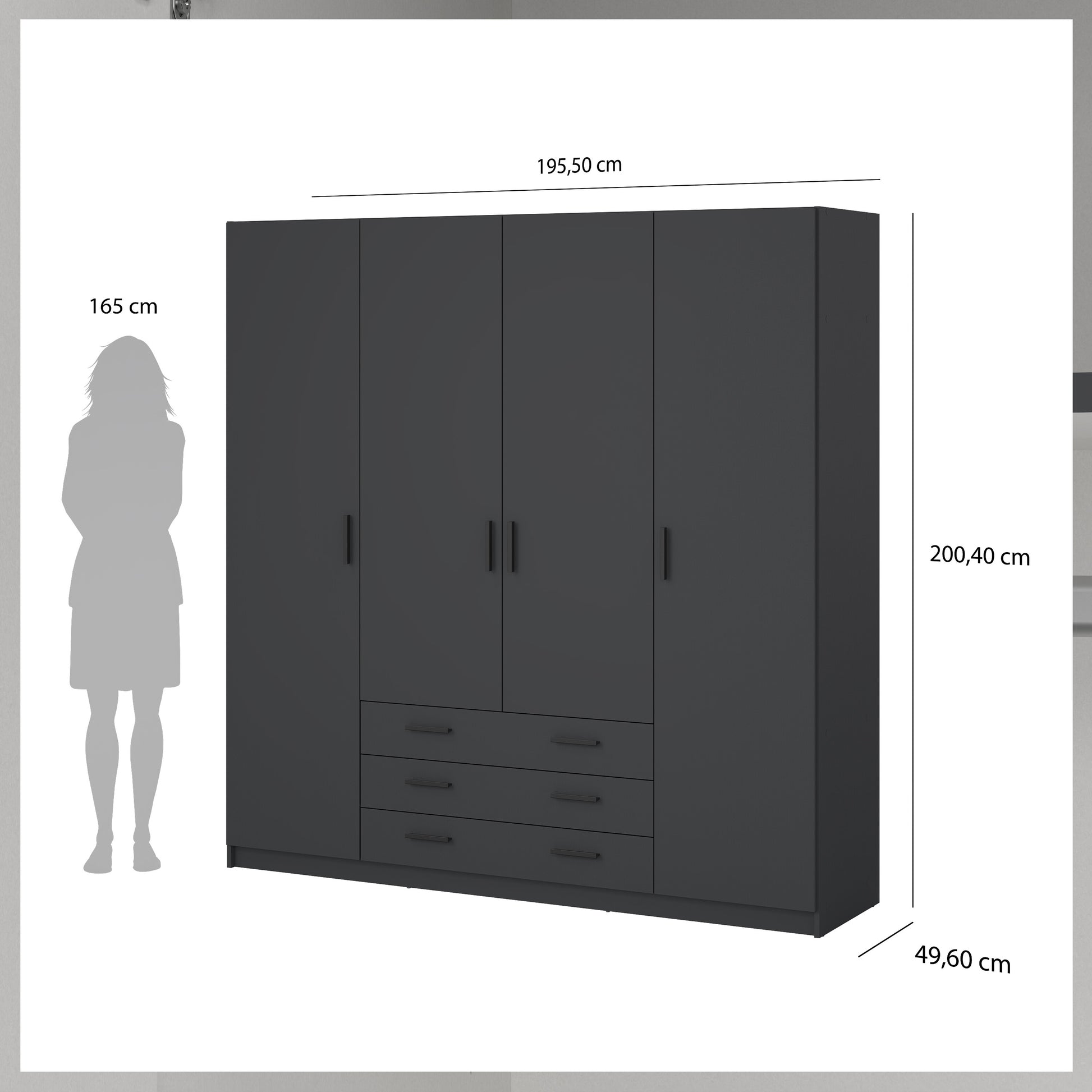 Sprint Wardrobe with 4 Doors + 3 Drawers in Matt Grey